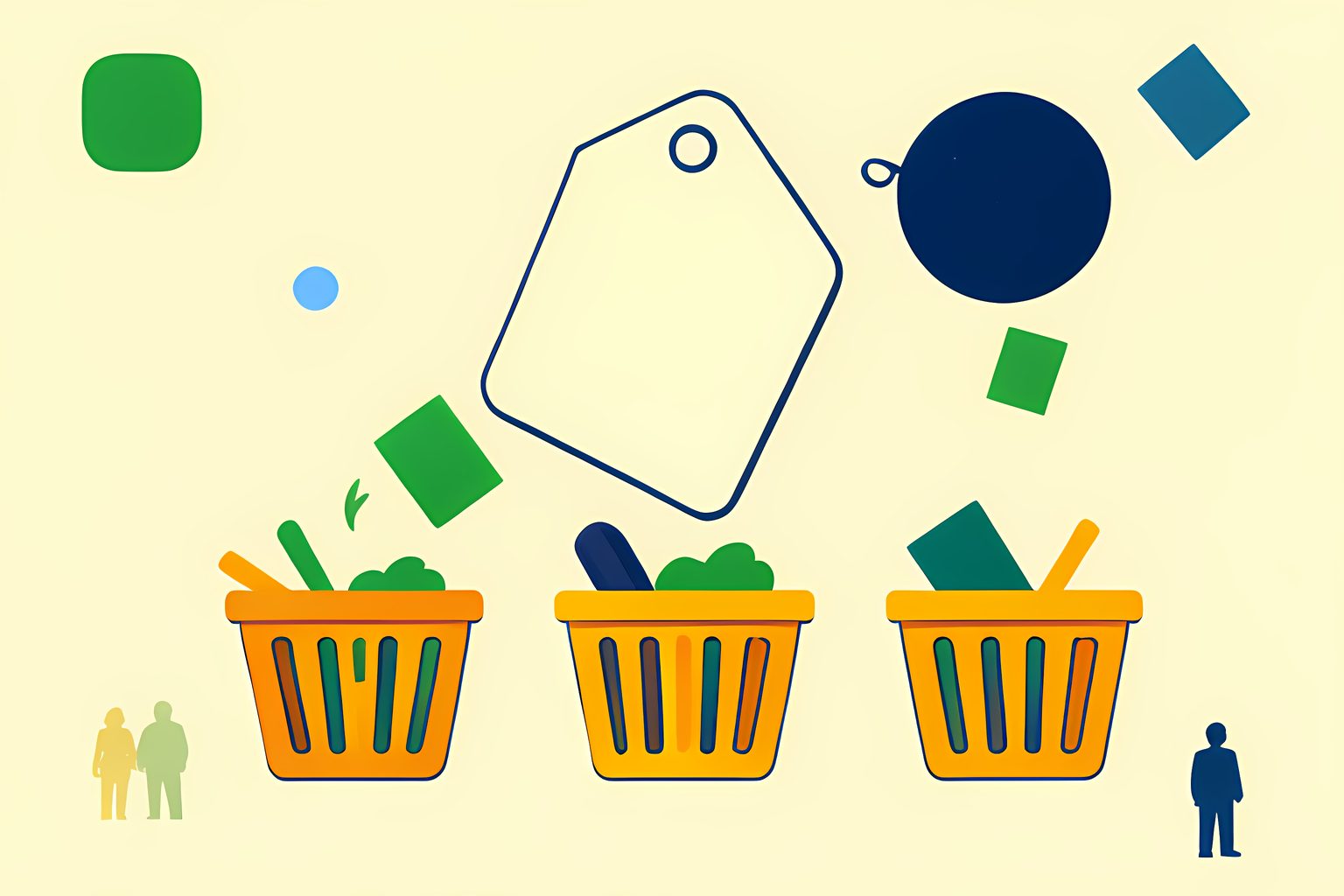 An abstract, text-free illustration of a large price-tag shape balanced above grocery baskets and flowing membership cards.