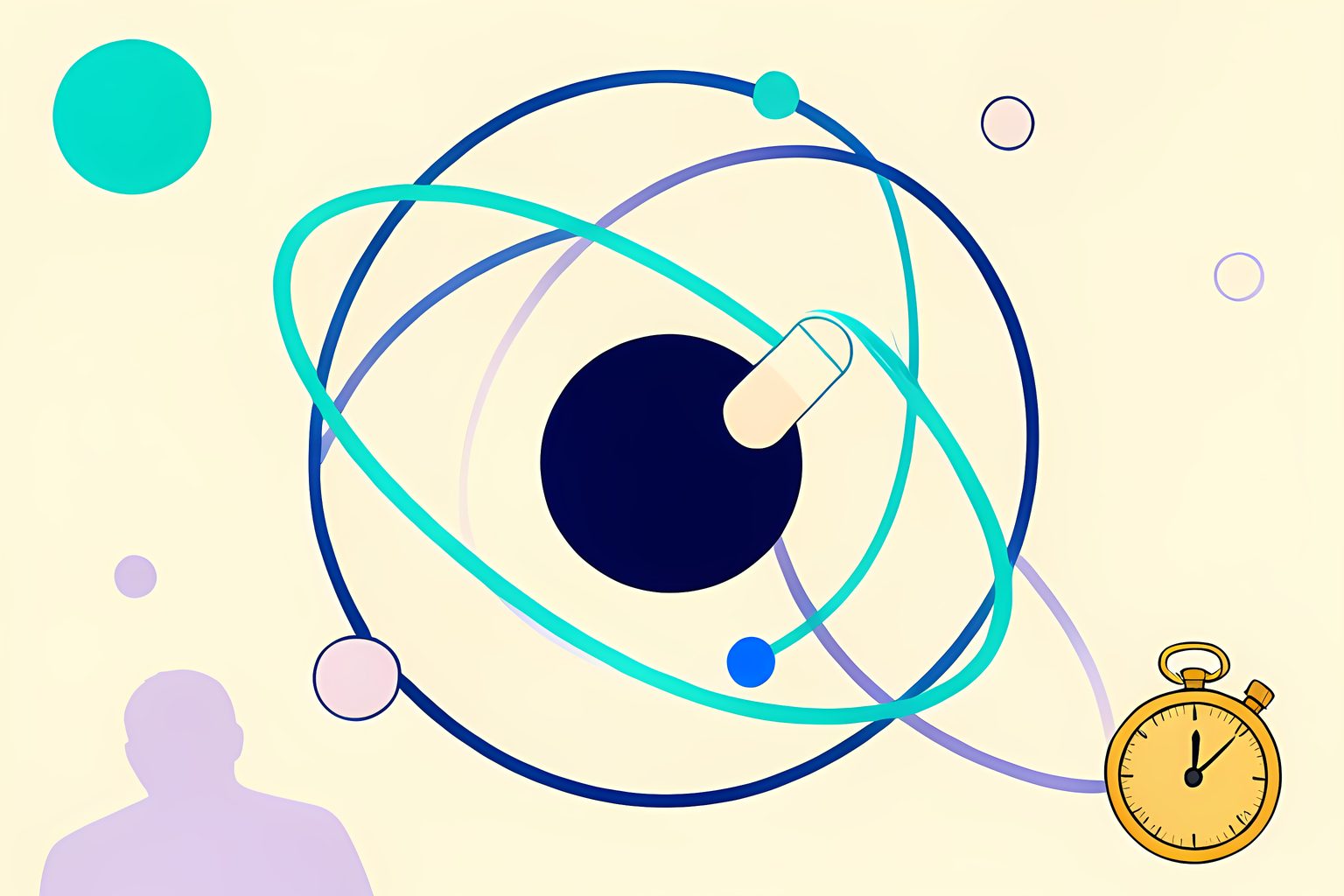 Stylized diagram-as-art illustration of a small unmarked spacecraft following a bright curved path toward a circular station-like form, with several graceful blank orbital loops on a warm cream background.
