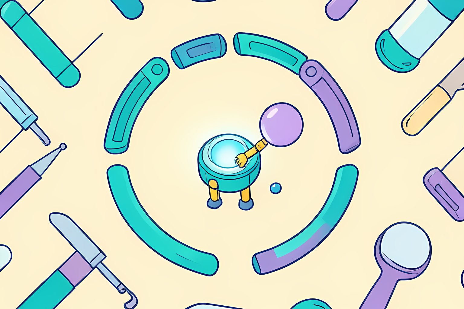 Stylized pattern illustration of four different unmarked tools fitting together around a softly glowing circular space-station form, with a tiny blue globe dot on a warm cream background.