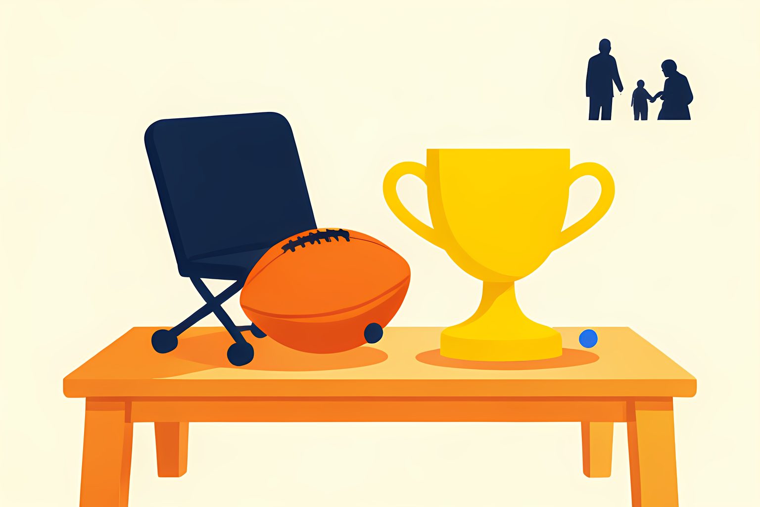 An empty rolling desk chair sits beside a football and a small trophy shape on a sunlit low table, suggesting two connected careers.