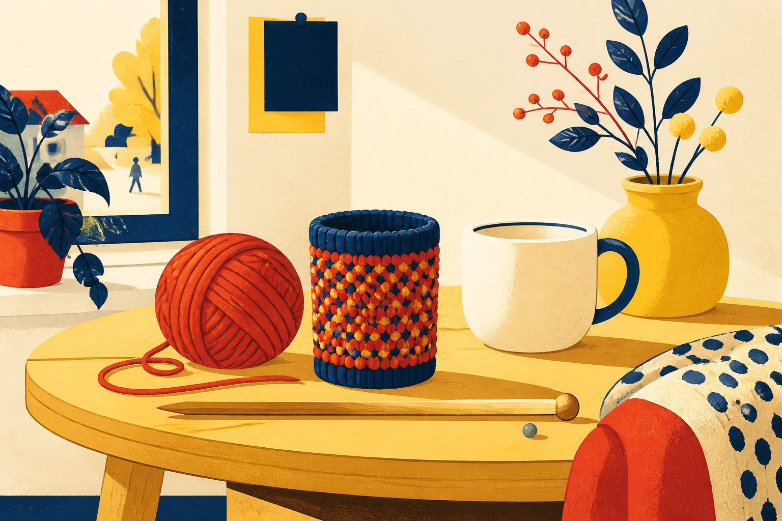 A warm still life on cream showing a miniature knit cup sleeve resting beside a ball of yarn and a wooden knitting needle.