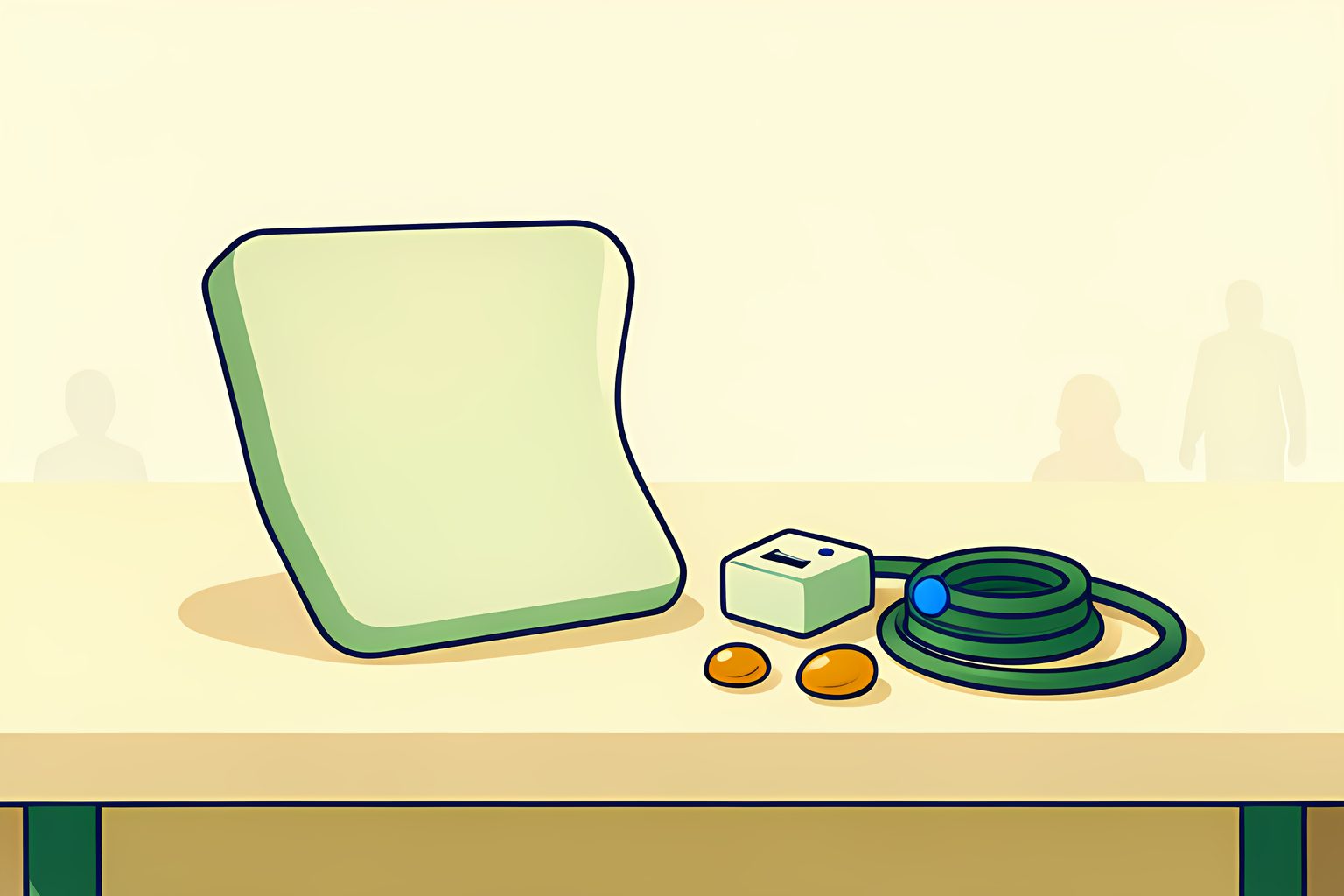 A sunny, text-free, person-free still life of one large blank chip-shaped tile surrounded by a small memory block, a network switch shape and a coiled cable, all in forest green and amber with a tiny round blue dot on warm cream.