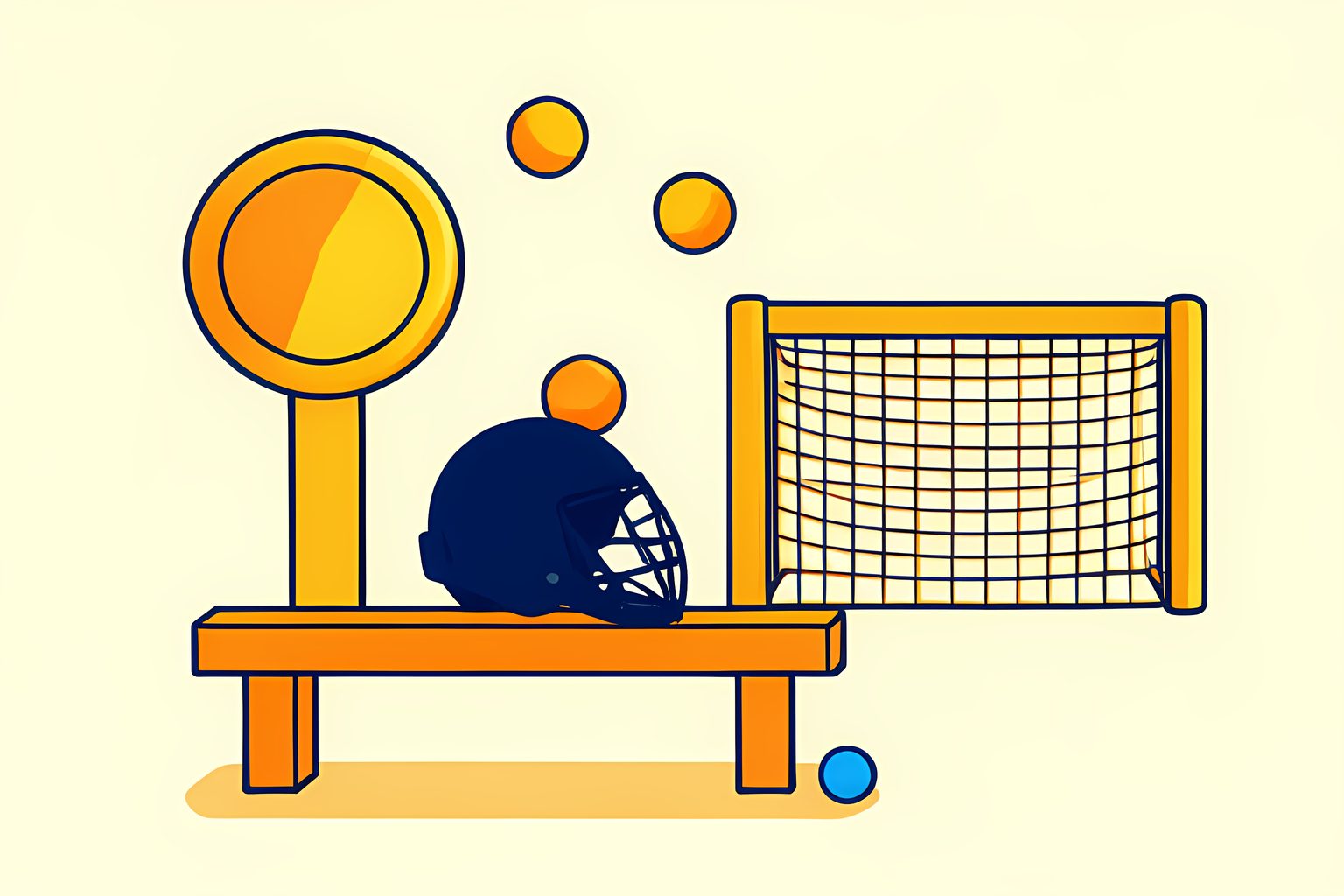 A bright, unmarked goalie mask sits on a wooden bench beneath a tall golden blank dial, with several small hockey pucks arranged in a gentle arc and a tiny blue dot near the bench leg.