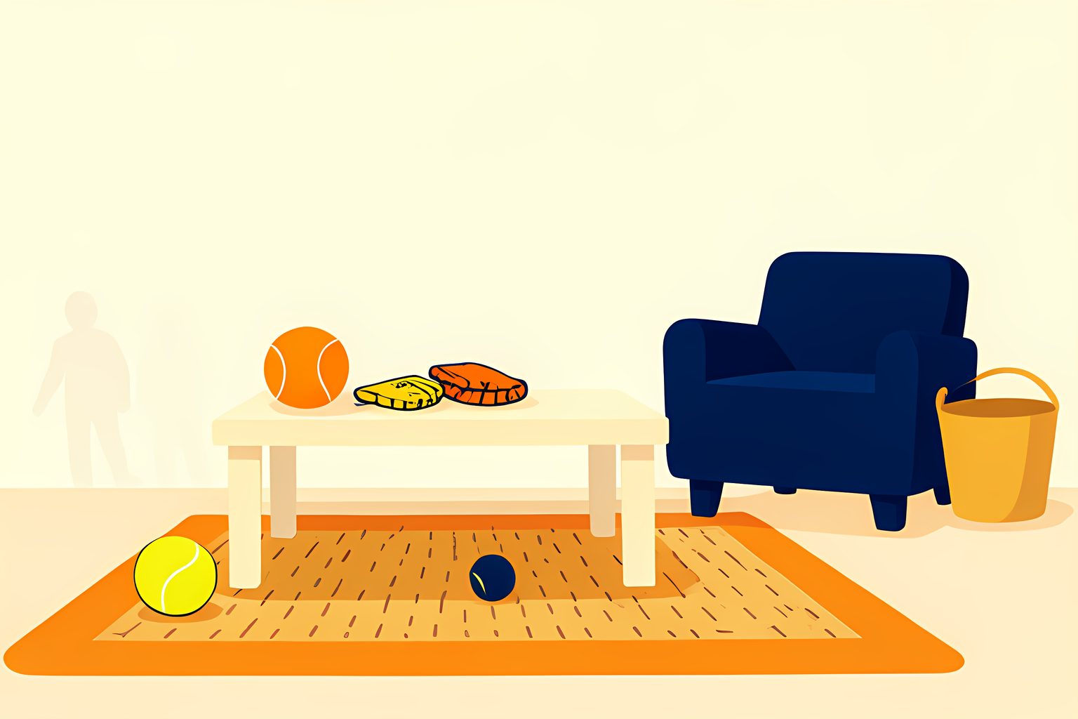 A tennis ball beside a small glove and a flat training glove in a sunlit, empty living room.