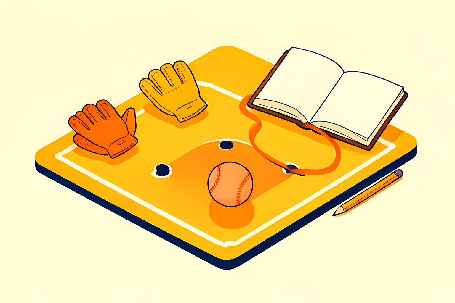 Three unmarked fielding gloves arranged around two miniature bases, with a baseball and a blank scorebook.
