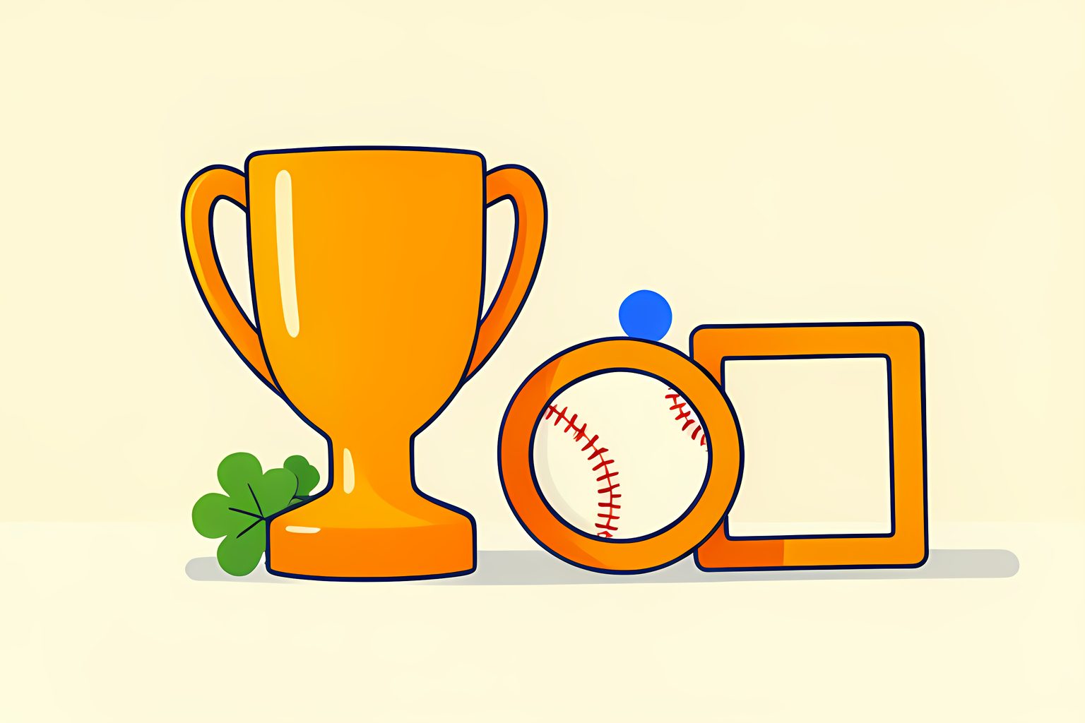 A plain golden glove-shaped trophy beside a baseball and two differently shaped, unmarked measuring frames.