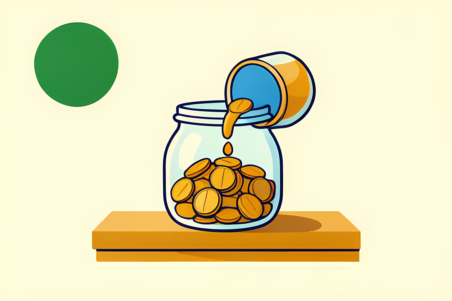 A glass coin jar half full on a low wooden table, a thin stream of coins dribbling slowly from a tilted cup into it, warm side light, forest green and amber, no text or people.