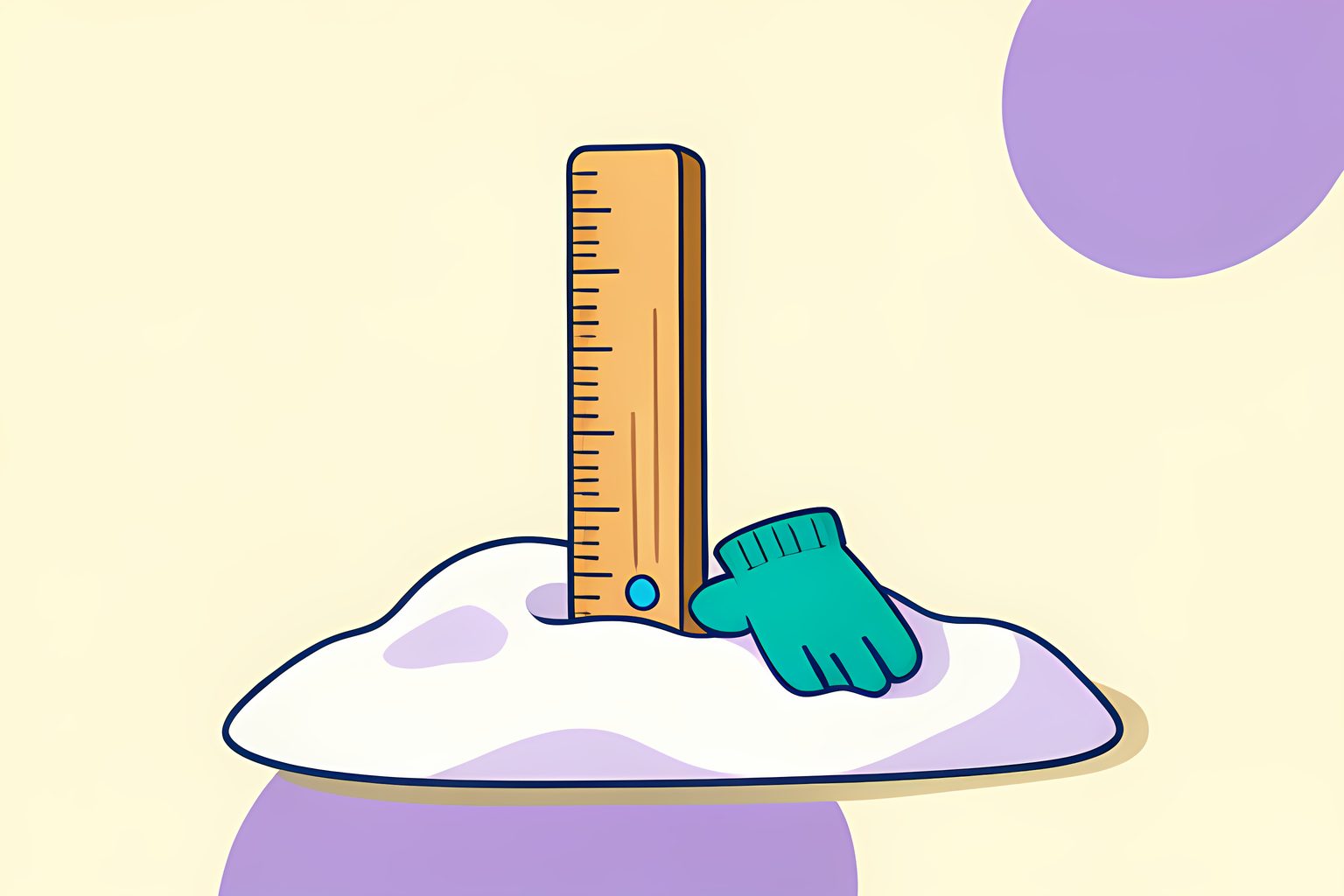 A wooden snow ruler standing upright in a soft snow bank on a low doorstep, with a single teal mitten resting beside it, in teal and soft violet on cream.