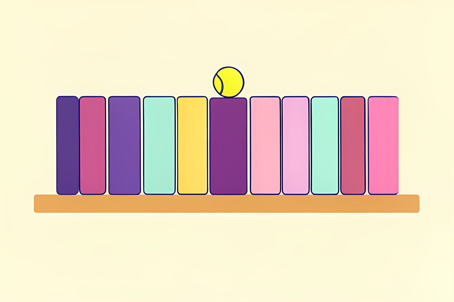A long row of twelve plain, unmarked book spines on a sunny shelf, with a single bright tennis ball perched on top of the second book.
