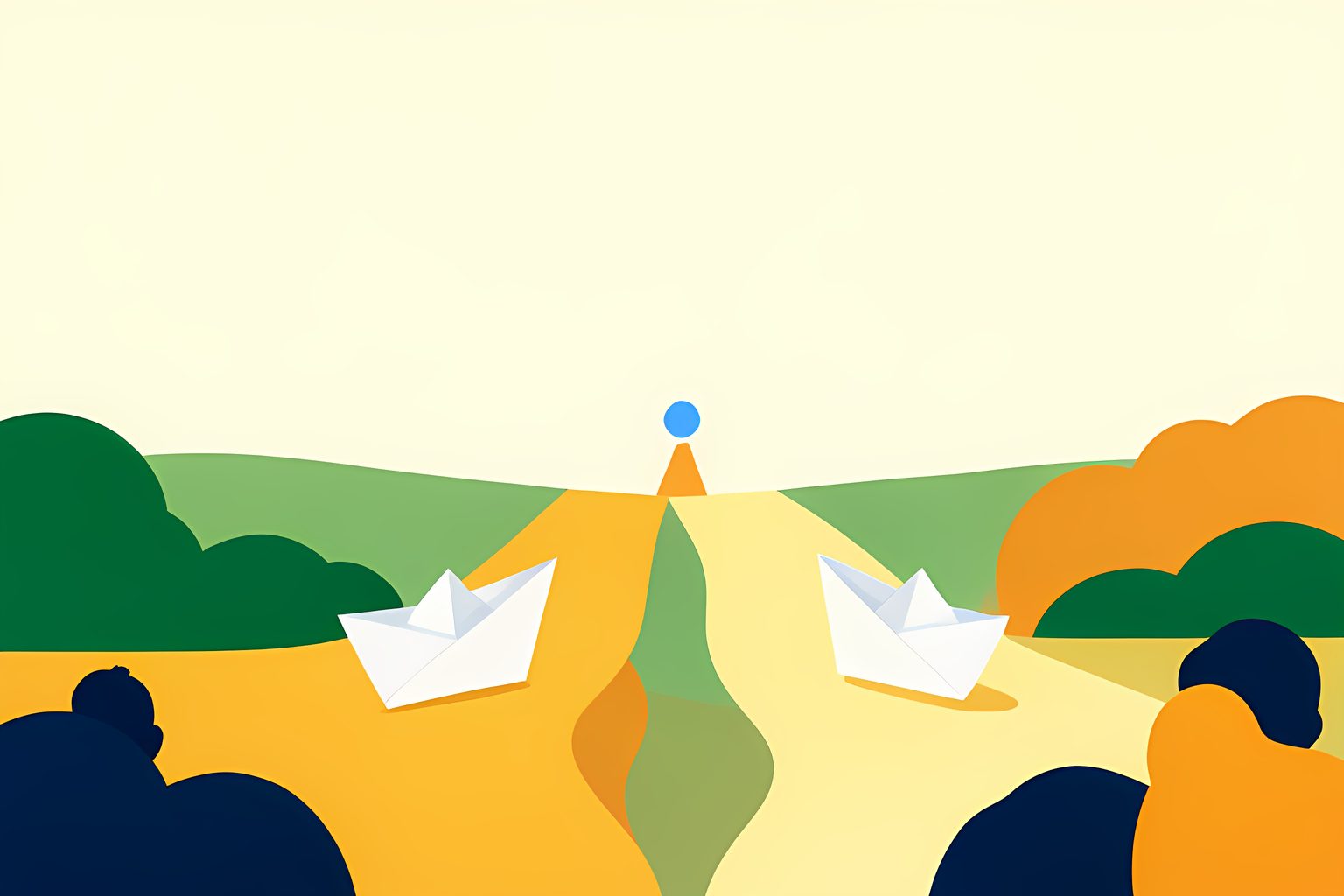 Stylized illustration of two blank paper boats taking different paths toward the same small beacon on a cream field.