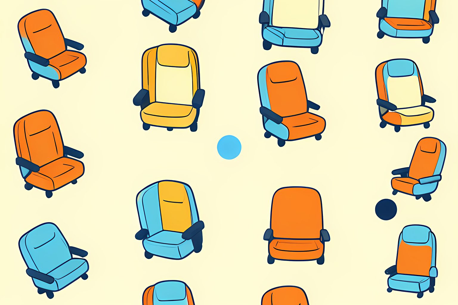 A cheerful overhead pattern shows four clusters of unbranded airplane seats, with one cozy window pair set apart.
