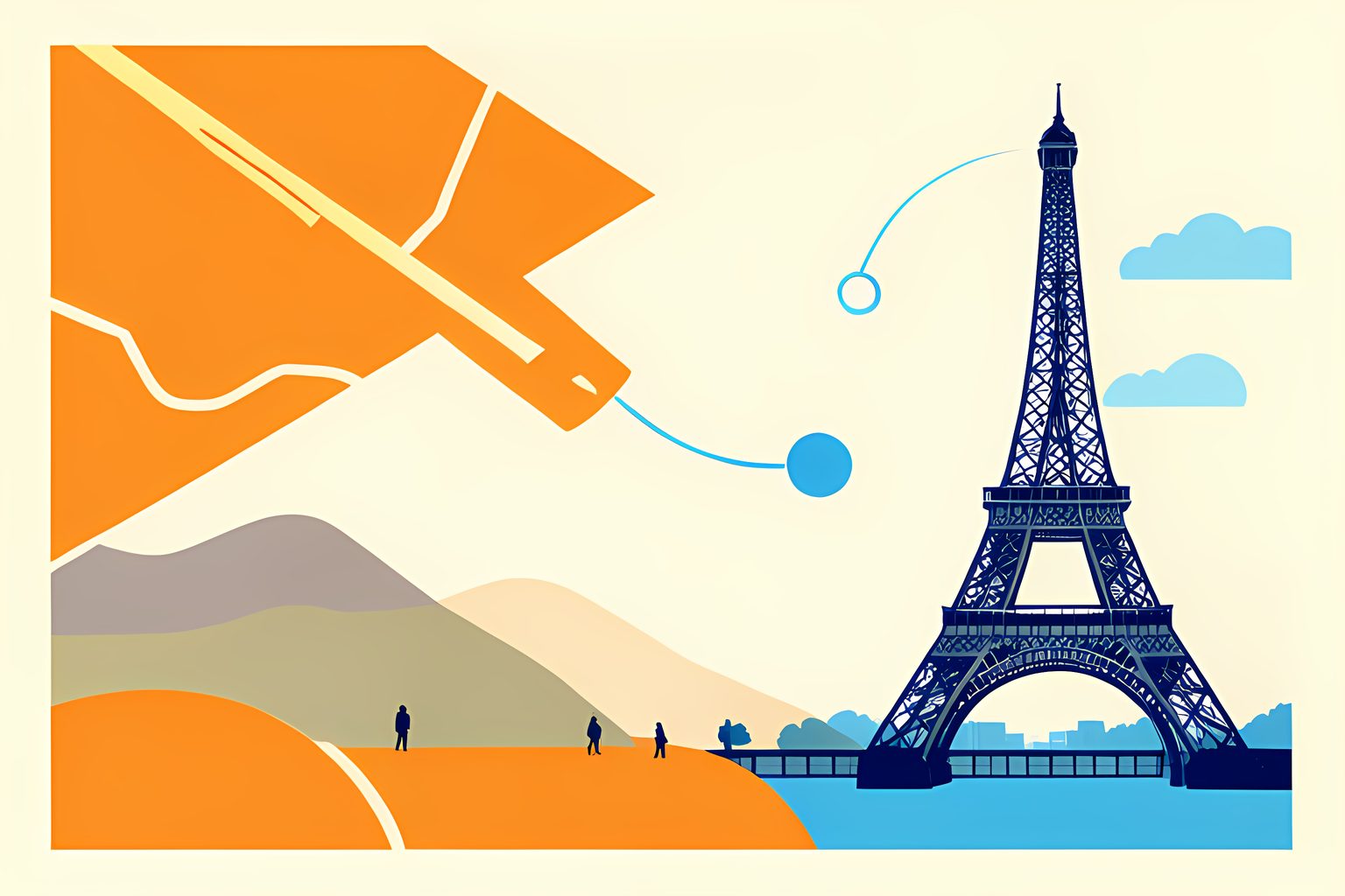 A warm, label-free illustrated route curves from a Texas airport landscape to a Paris riverside.