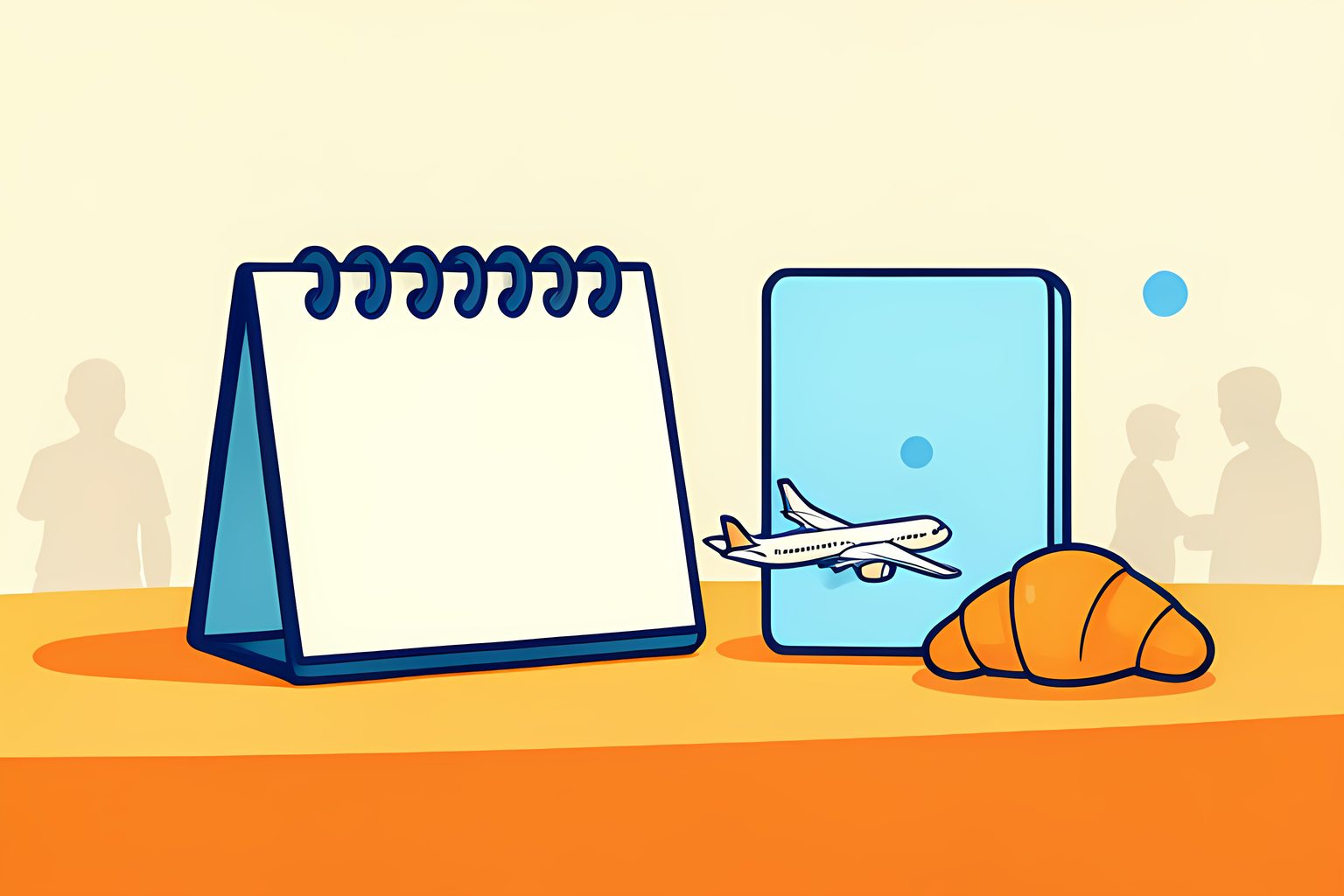 A blank desk calendar sits beside a plain passport-shaped booklet, a tiny widebody plane and a croissant.