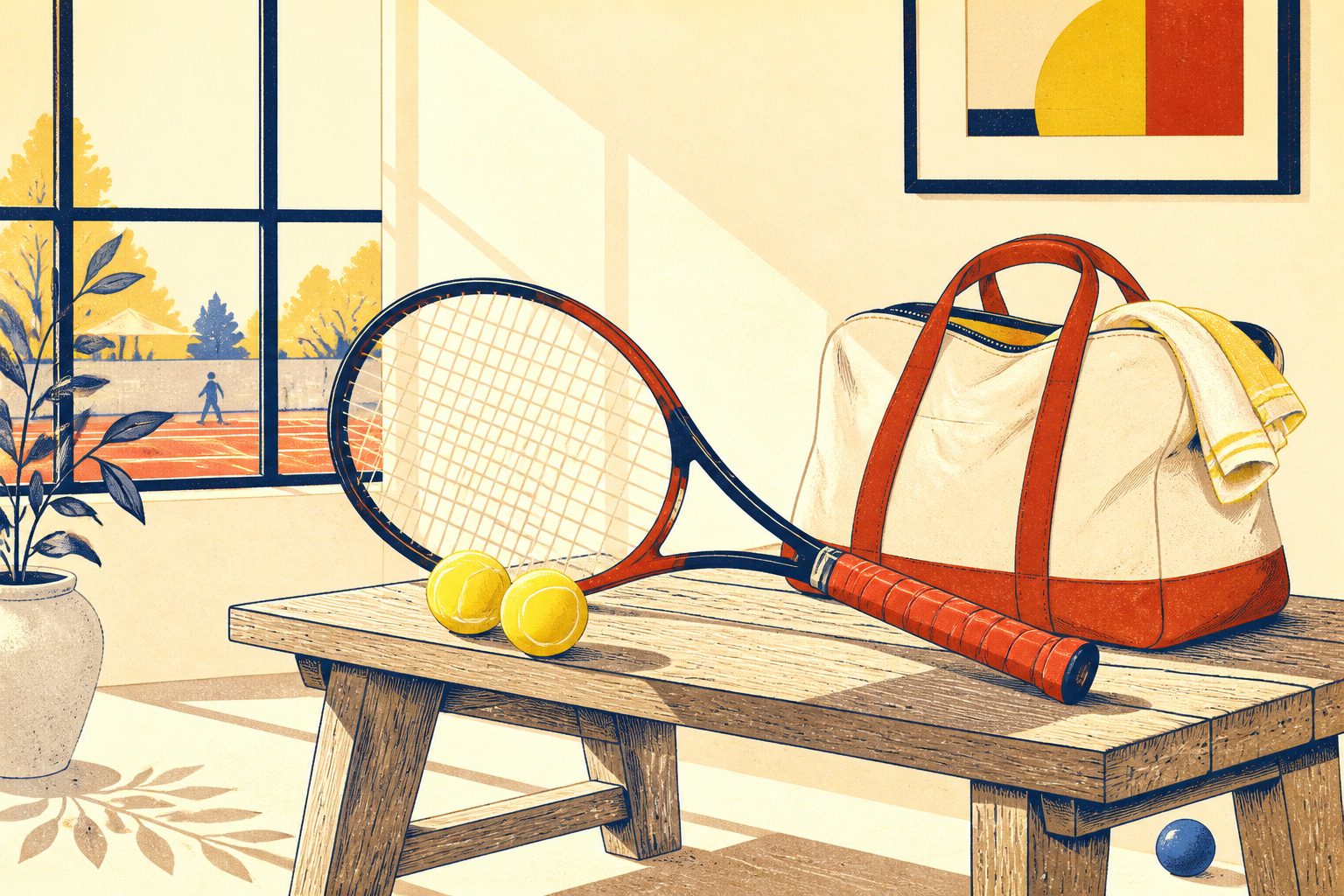 A peaceful wooden clubhouse bench holding a strung tennis racquet, a canvas kit bag, and two bright felt balls under warm morning window light