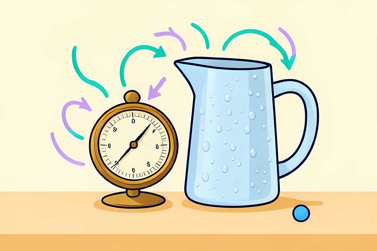 A stylized brass hygrometer resting beside a glass pitcher beaded with clear condensation droplets on a sunlit wooden table.