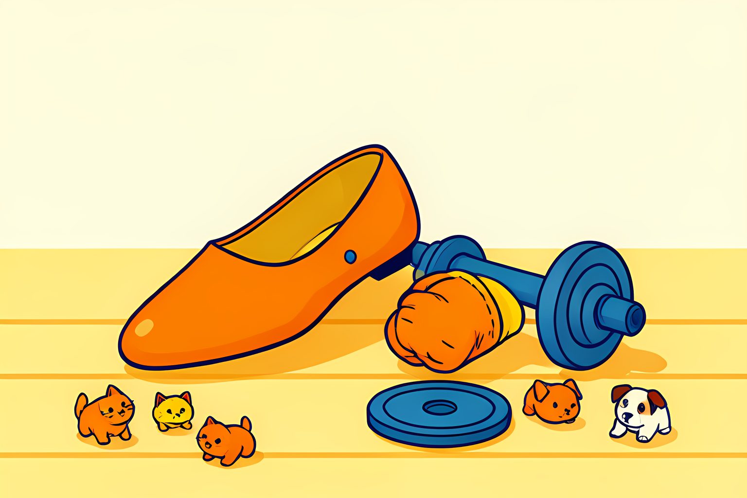 A single pointe shoe and a worn pair of boxing hand wraps resting side by side beside a small barbell plate on a warm wooden studio floor, with a few small pet toys scattered nearby in morning light.
