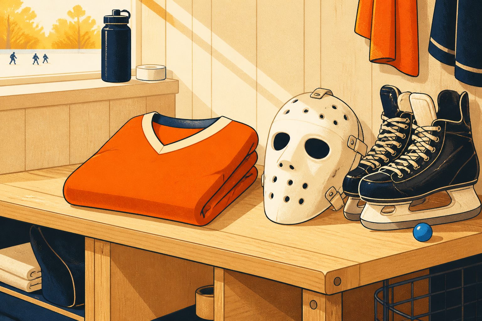 A folded bright orange hockey sweater resting beside a white goalie mask on a wooden bench
