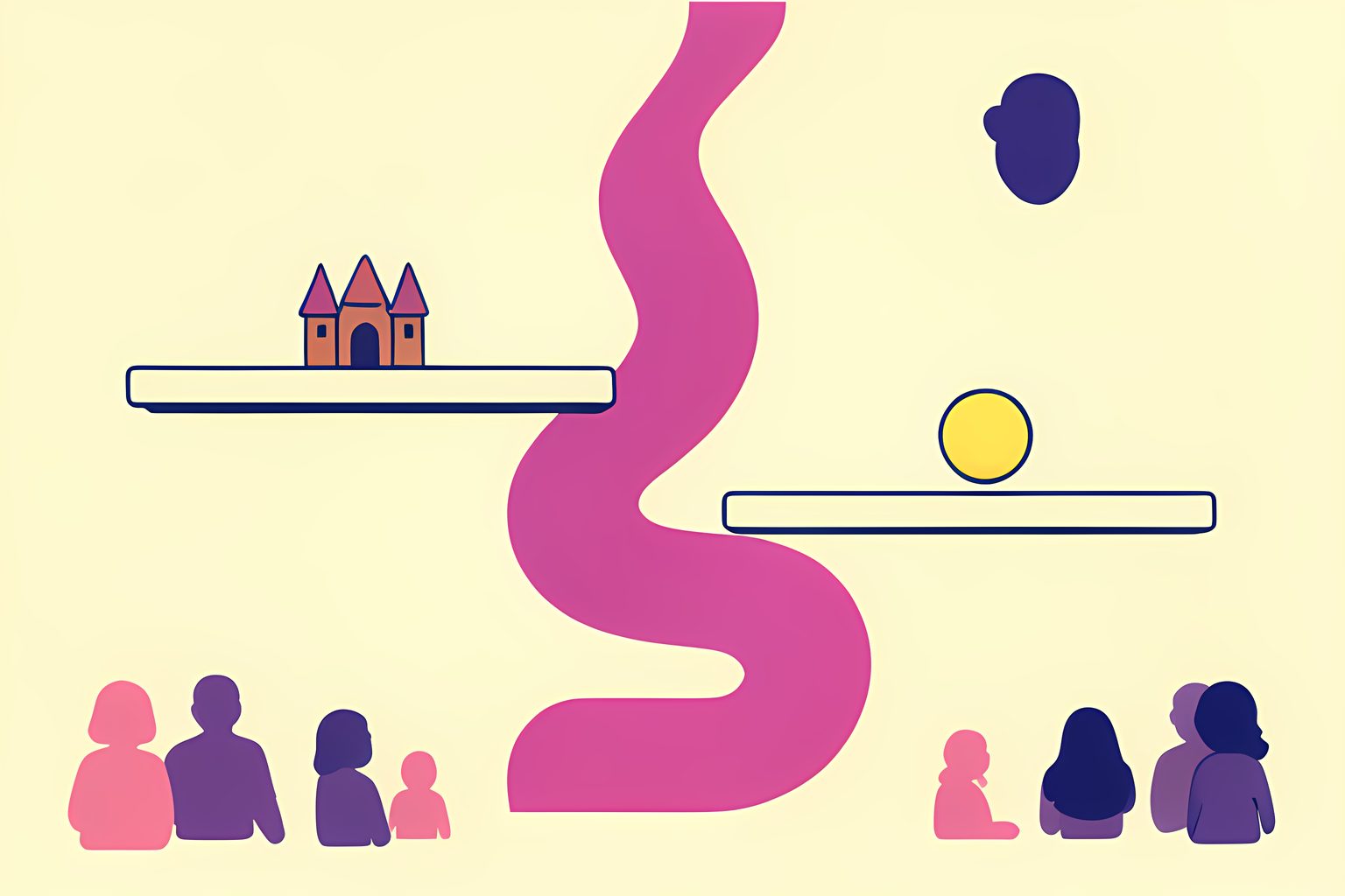 A bright person-free cream streaming-room scene with one tall unmarked doorway opening onto two different blank display shelves, a small clay-like knight helmet and a tiny round yellow creature-shaped silhouette on a warm gold path, with a subtle blue dot and no text, logos or character likenesses.