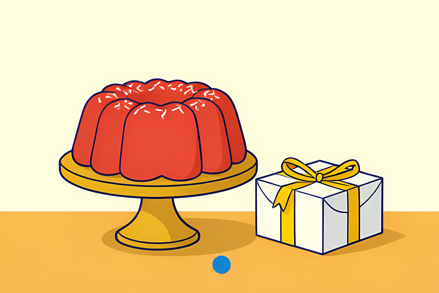 A vector illustration of a powdered white chocolate coconut bundt cake resting on a low wooden pedestal with golden holiday ribbons.