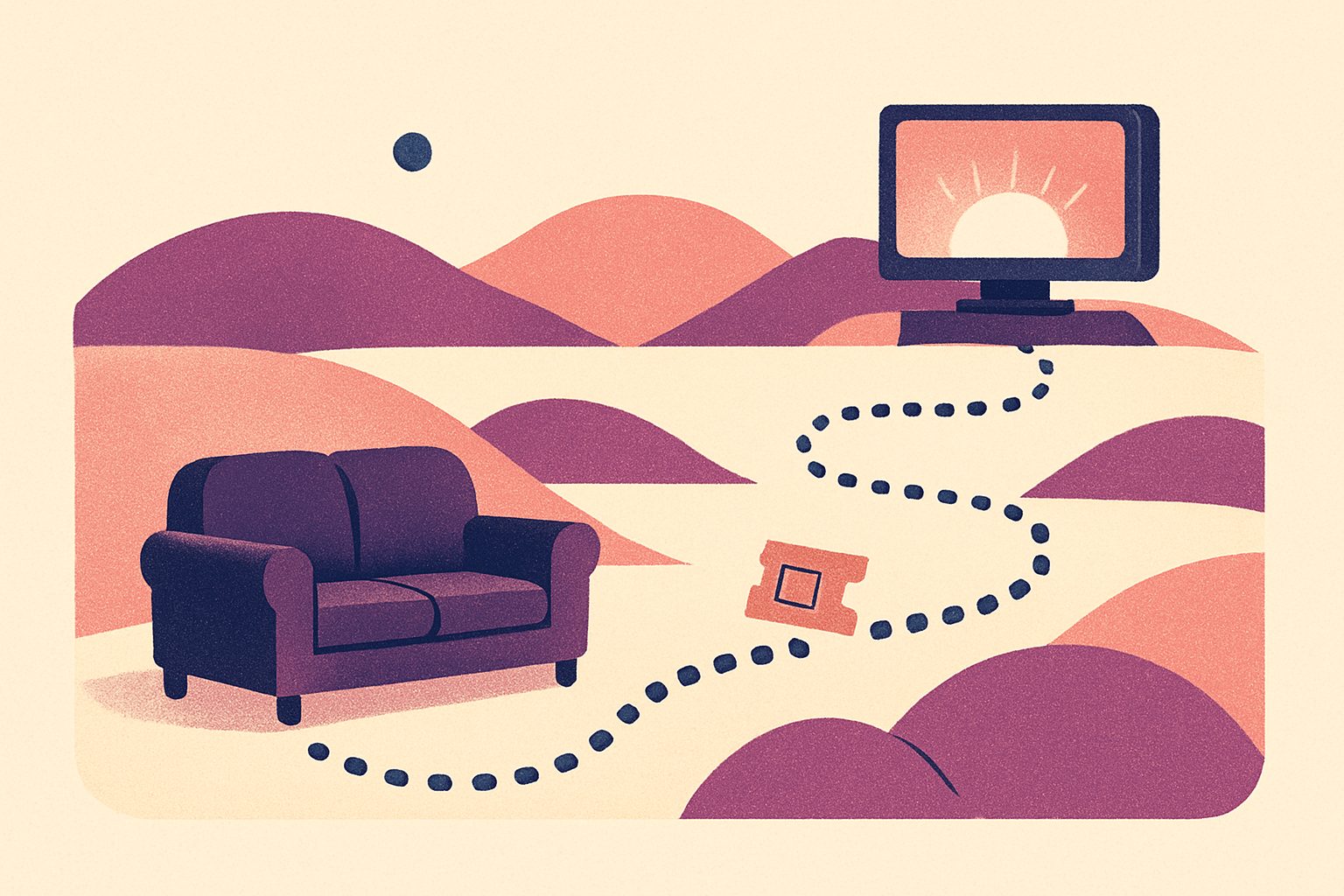 Stylized map-like illustration of a couch in a living-room landscape, a dotted path winding past a ticket stub toward a television glowing like a sunrise.