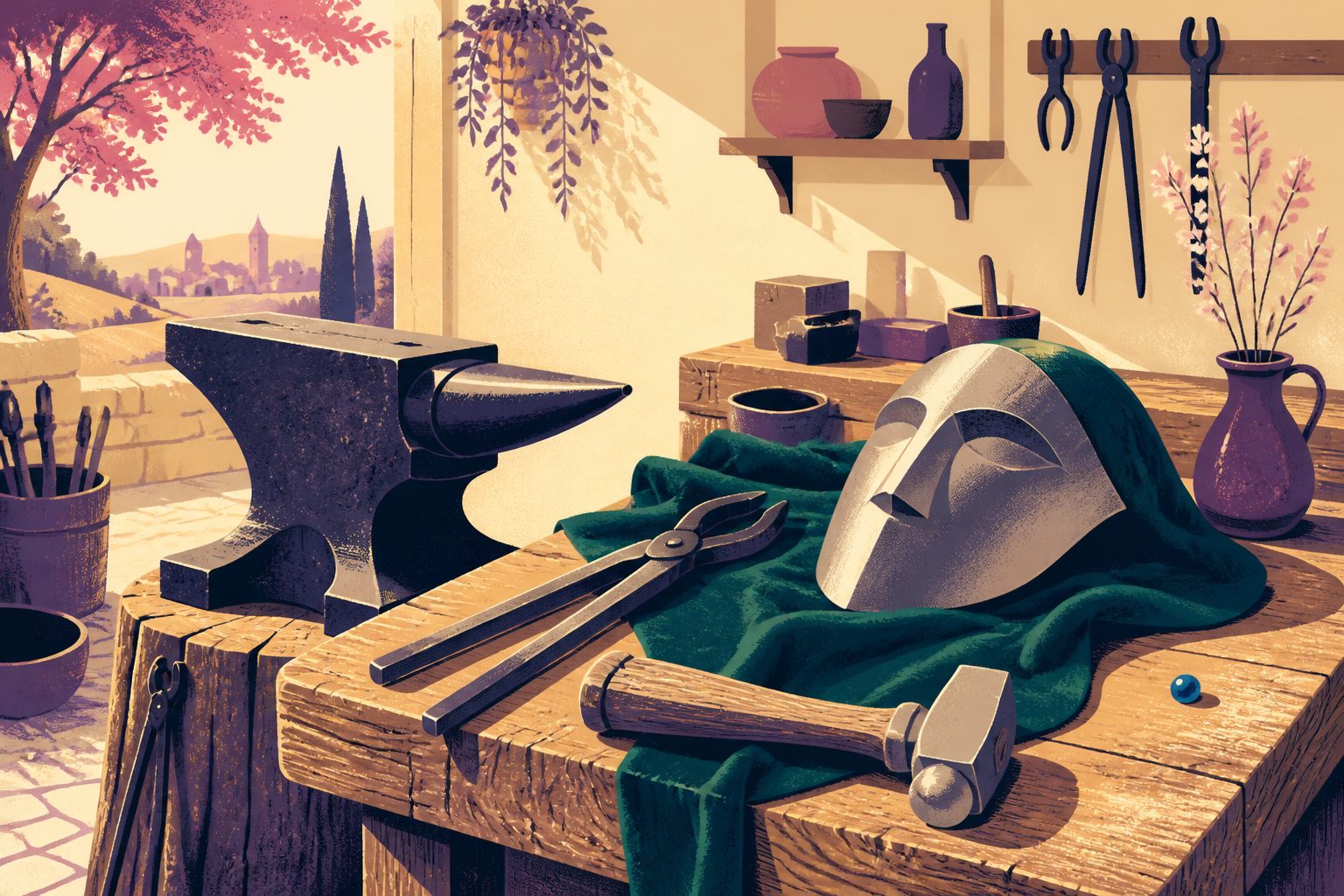 A heavy blacksmith anvil and steel hammer resting beside a sculpted metal faceplate in warm workshop side light.
