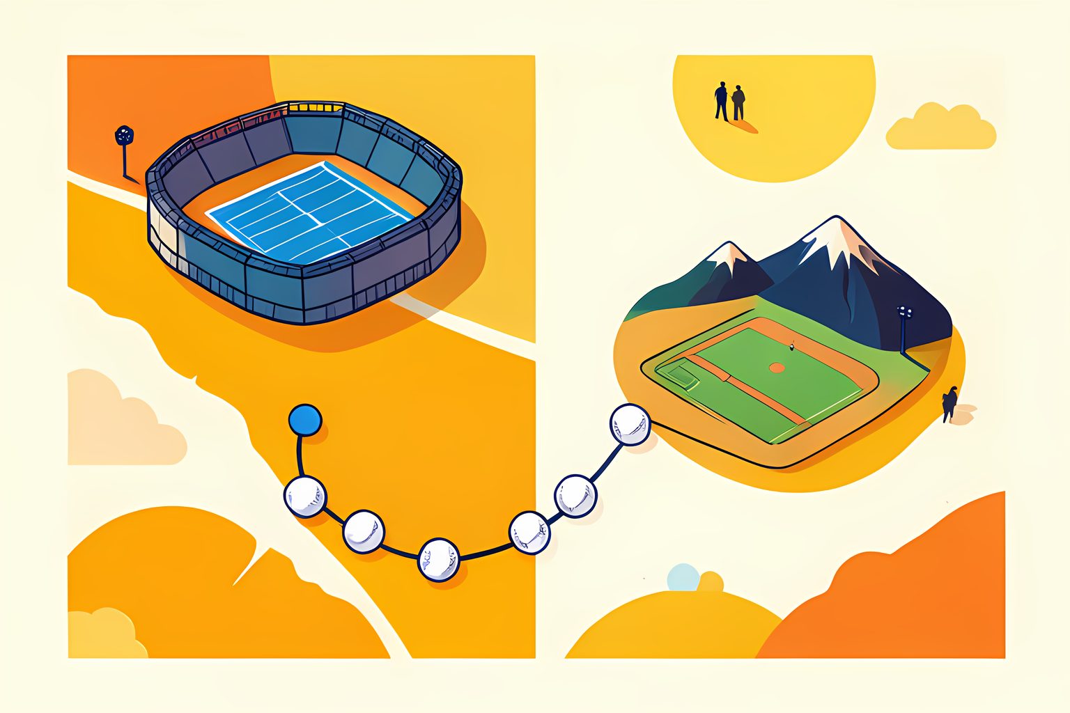 A warm unlabeled map links a blue stadium diamond in Los Angeles to a mountain ballpark in Colorado and back.