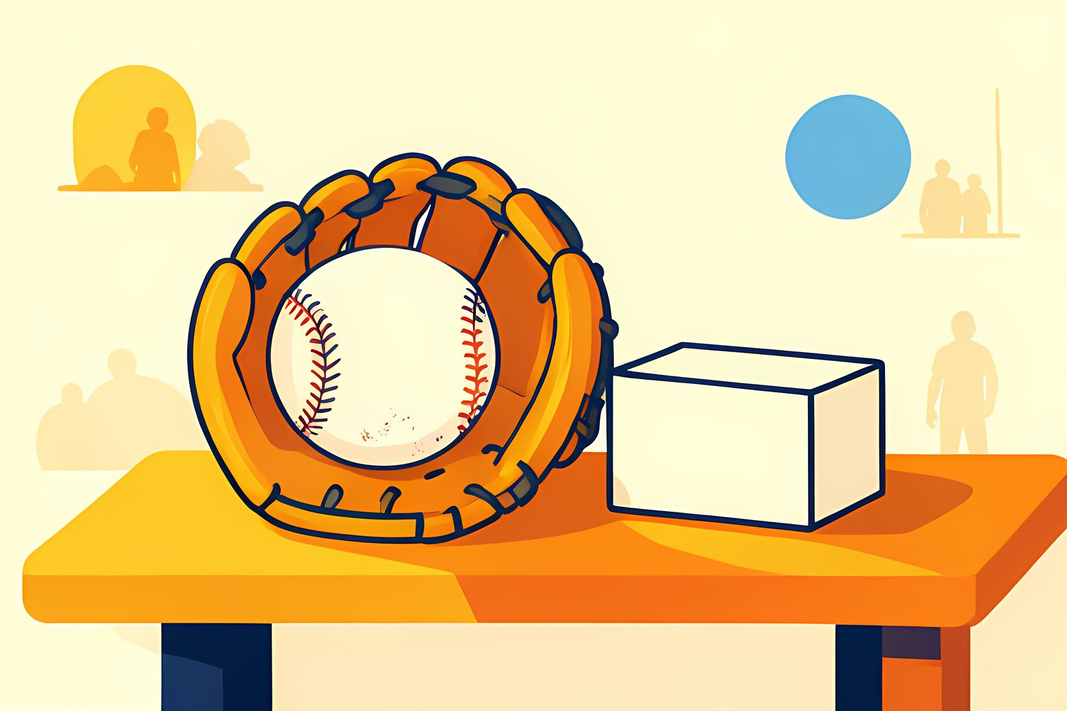 A scuffed baseball, an open glove and a small blank keepsake box glowing beneath warm stadium lights.