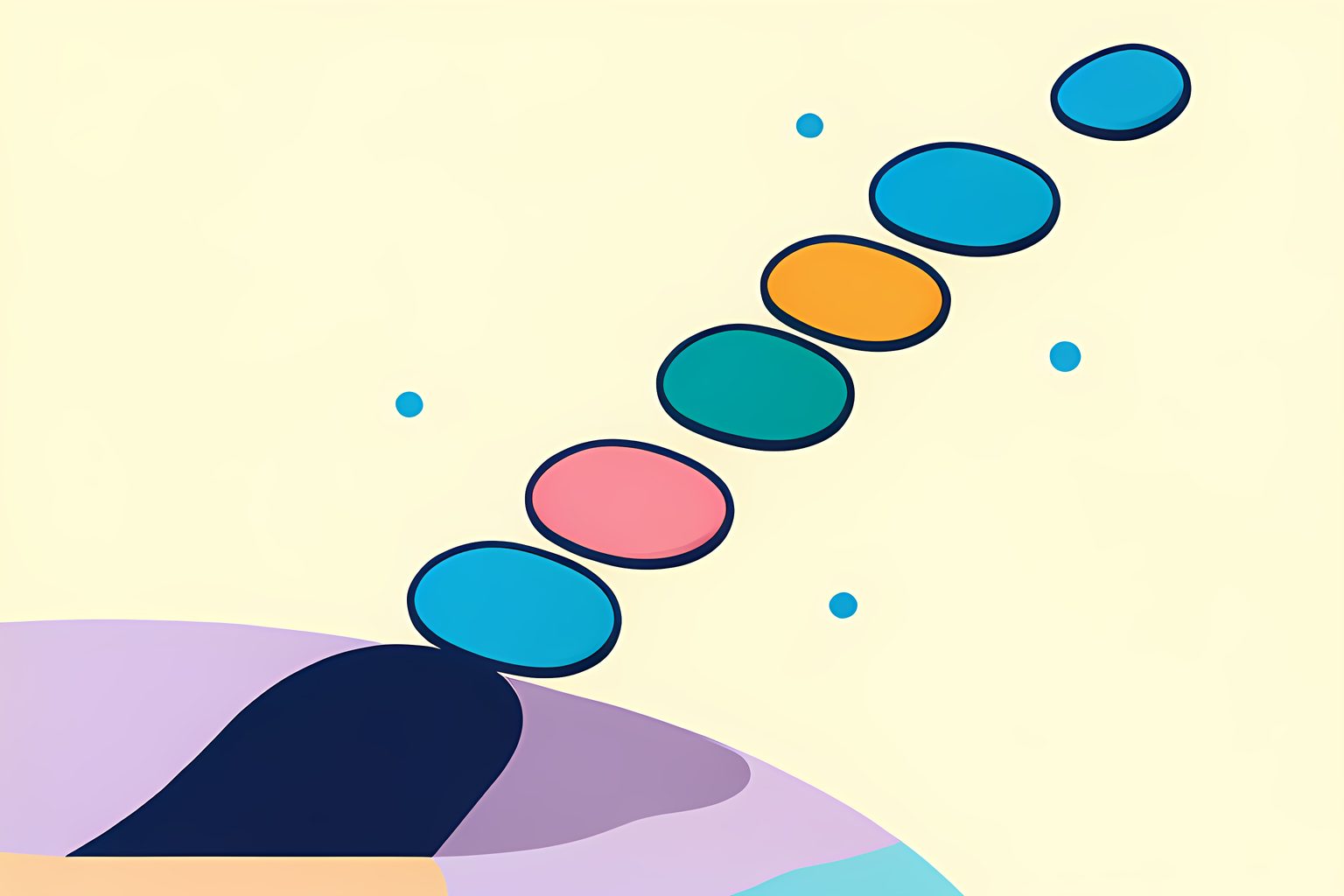 A gentle staircase of rounded stepping stones rising from a softly shadowed corner into bright morning light, one small blue stone near the top.