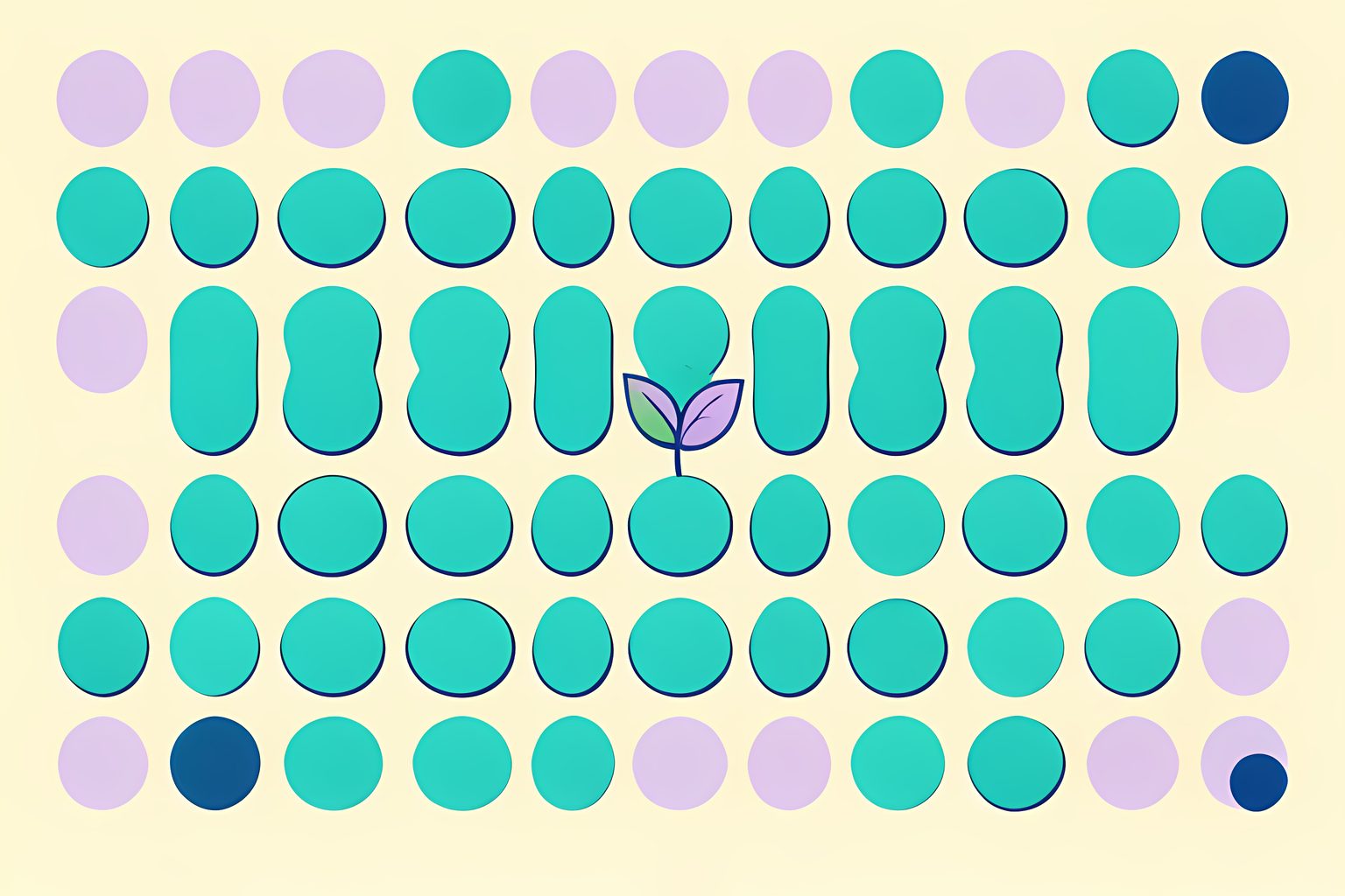 A neat grid of soft pill-shaped forms on a cream field, one of them sprouting a tiny green leaf, teal and soft violet, no text or people.