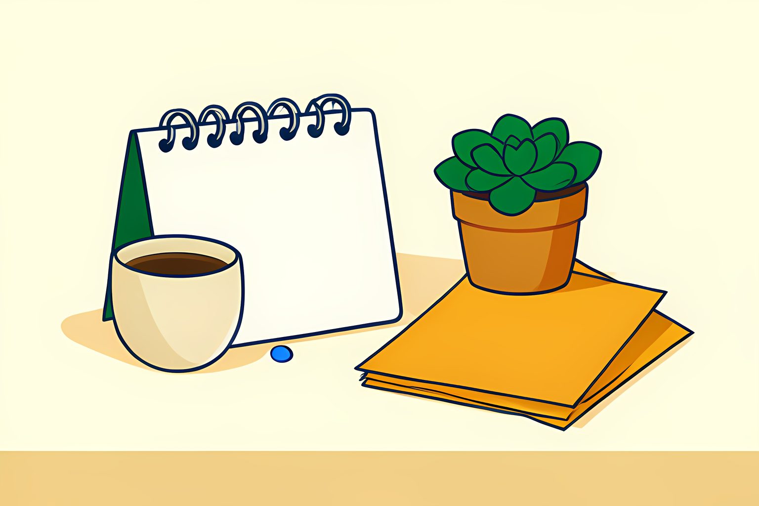 A warm still-life illustration on cream: a blank desktop calendar resting beside a small ceramic coffee cup and a tidy stack of sealed envelopes in forest green and amber, side light.