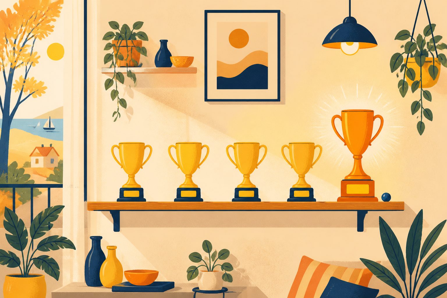 A stylized pattern of five small trophies in a row, four matching and one taller catching the light.