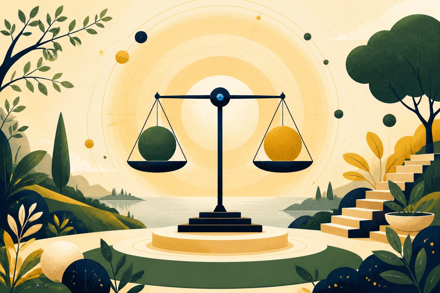 A warm stylized editorial scene of two antique mechanical scale pans balanced on a sunlit polished brass pedestal in morning light.