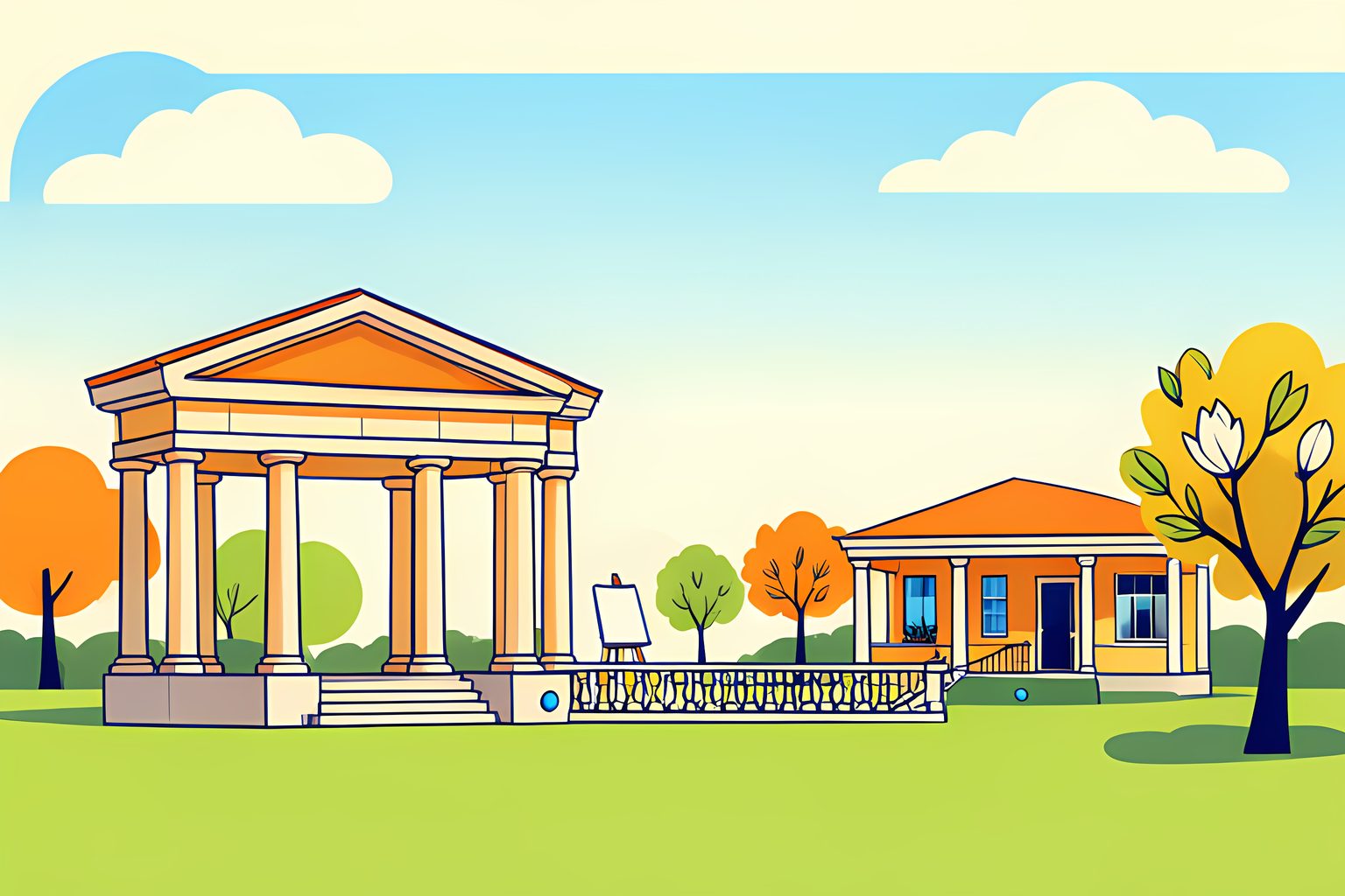 A bright stylized architectural wide scene of the classical colonnade and sunny garden pavilion on warm cream with a small blue dot