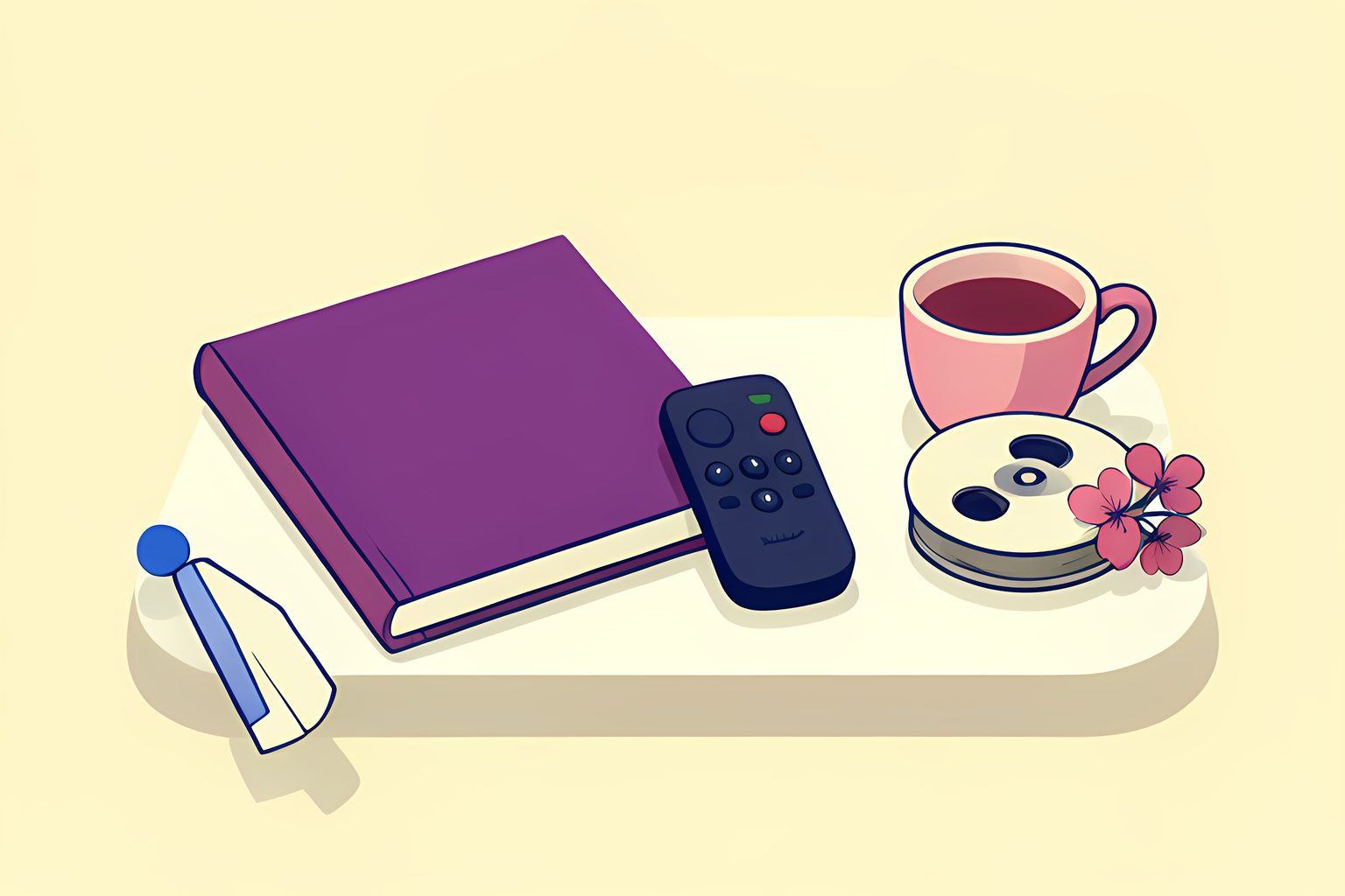 A blank novel, a plain remote control and an unmarked film reel sit together on a sunlit table.