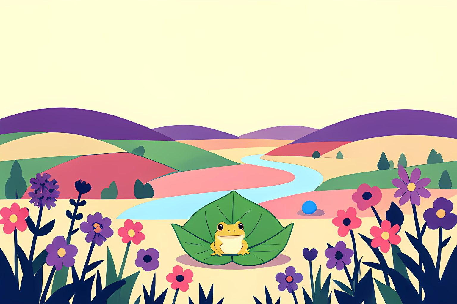 A stylized sunny valley with fields, wildflowers and one small toad sheltering beneath a leaf in the foreground.