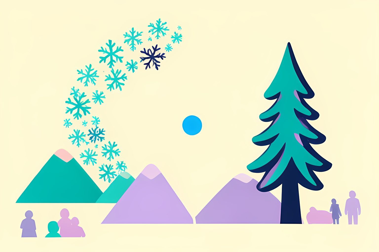 Two mirror-image panels showing a stream of teal snowflakes flowing south in one panel and north in the other, in teal and soft violet on cream.