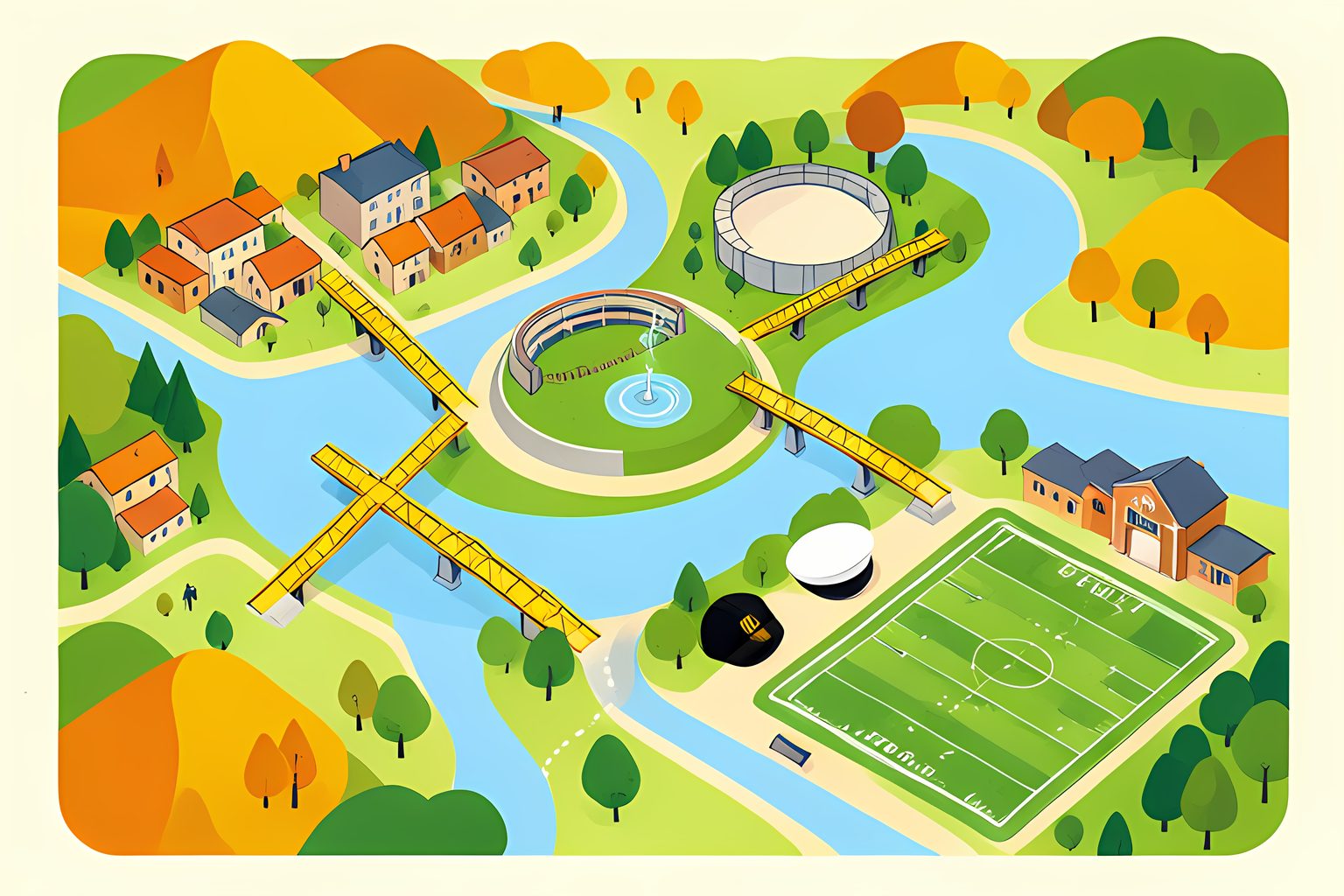 A sunny stylized map of a river city where three rivers meet, with yellow bridges, a riverside stadium and a dotted path running from a small suburban high school field to a white naval cap and a black and gold knit cap on the riverbank.