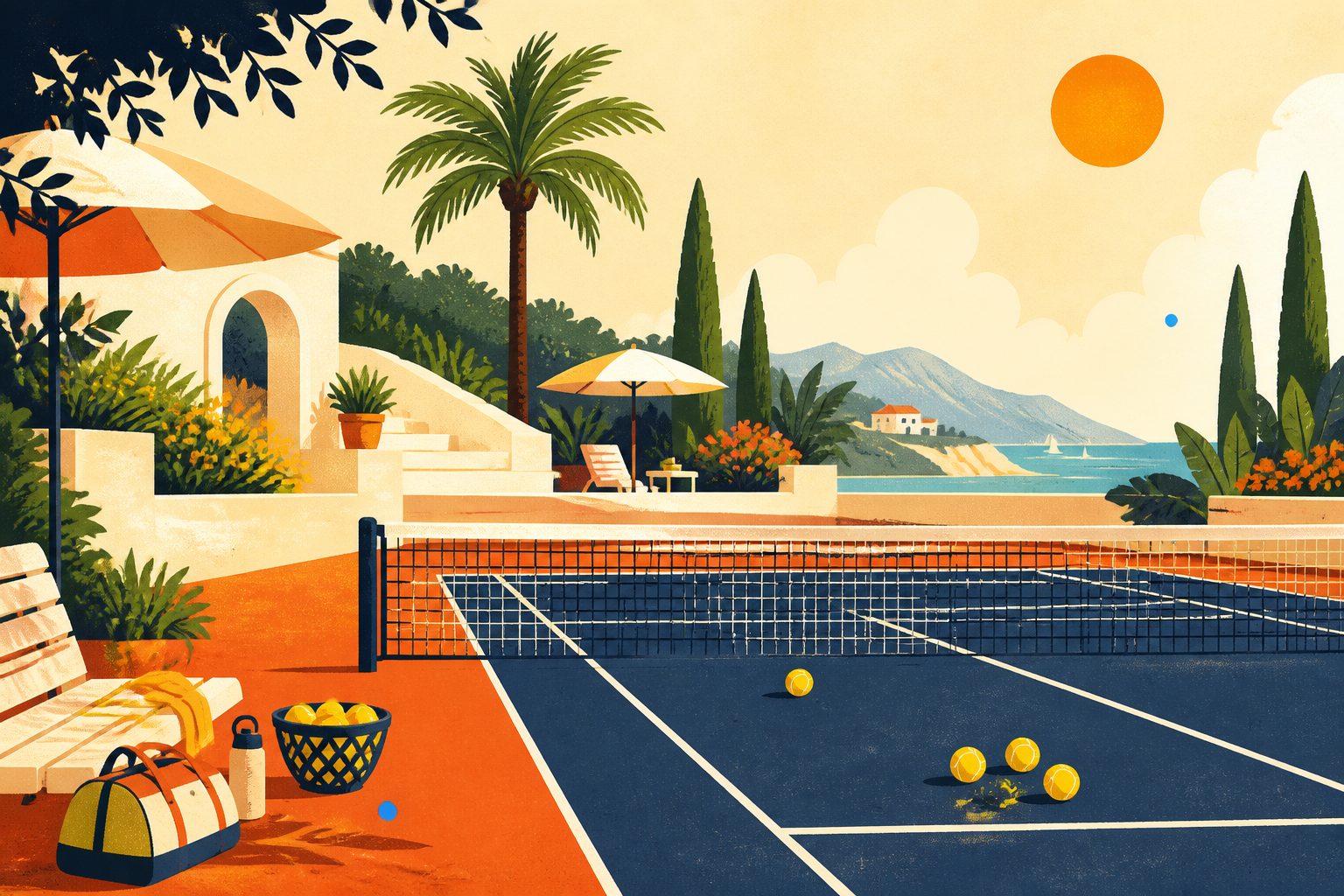 A warm, sunlit tennis court scene with a stylized net, golden yellow tennis balls at rest in the service box, and clean geometric lines against a bright morning sky.