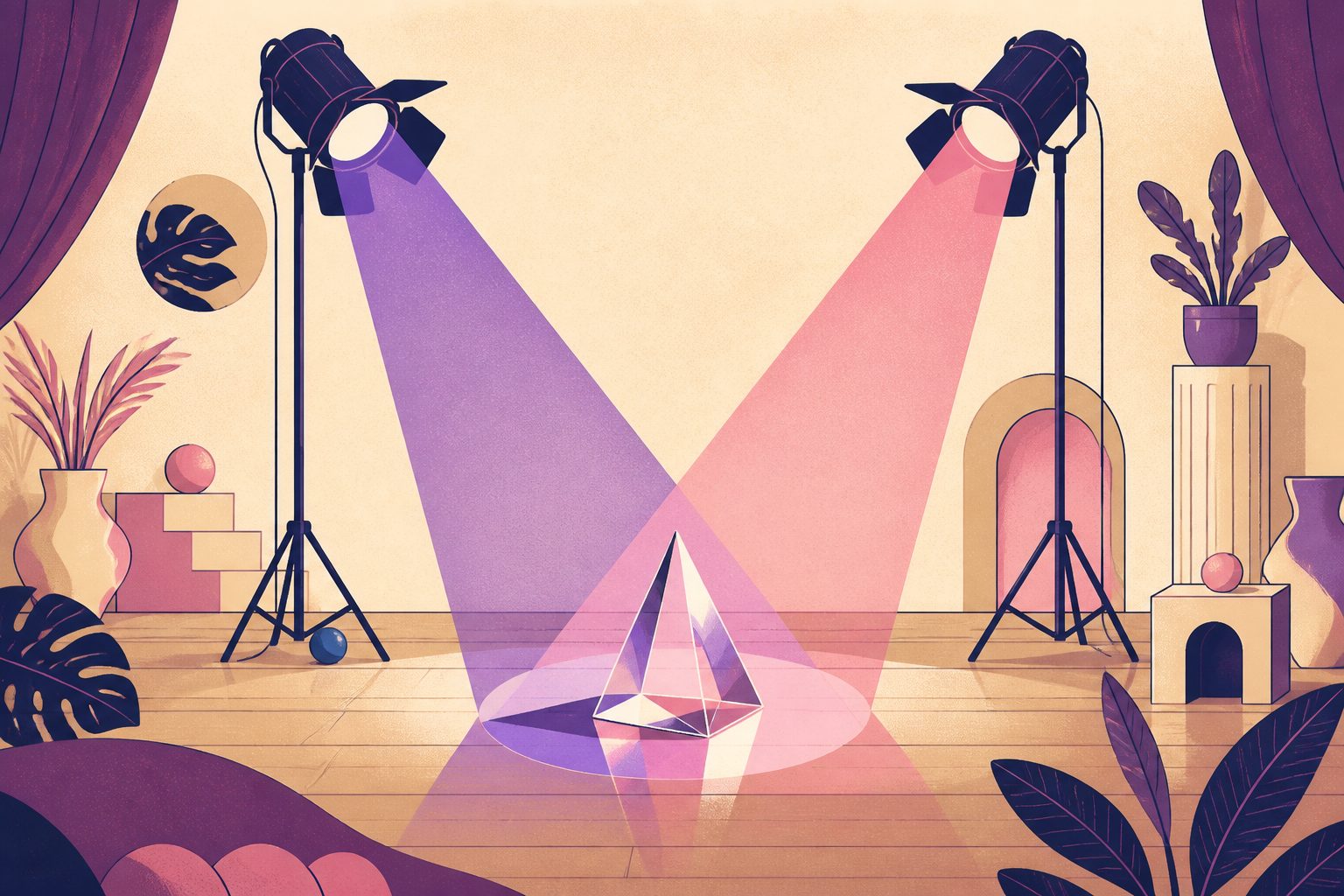 A stylized editorial visual metaphor on warm cream showing two glowing theatrical spotlights in plum and pink illuminating a single geometric glass prism on a stage, with a tiny round blue dot at the base.