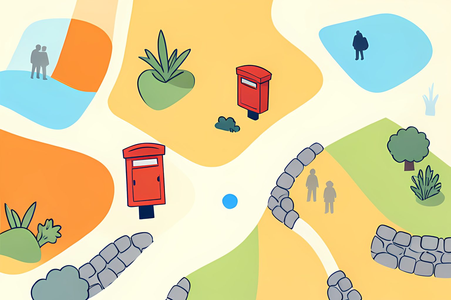 A warm illustrated map of an unlabeled neighborhood with three plain red cast-iron postboxes along a winding cream path, a small blue dot resting beside one curb, and no people, text, logos, or symbols.