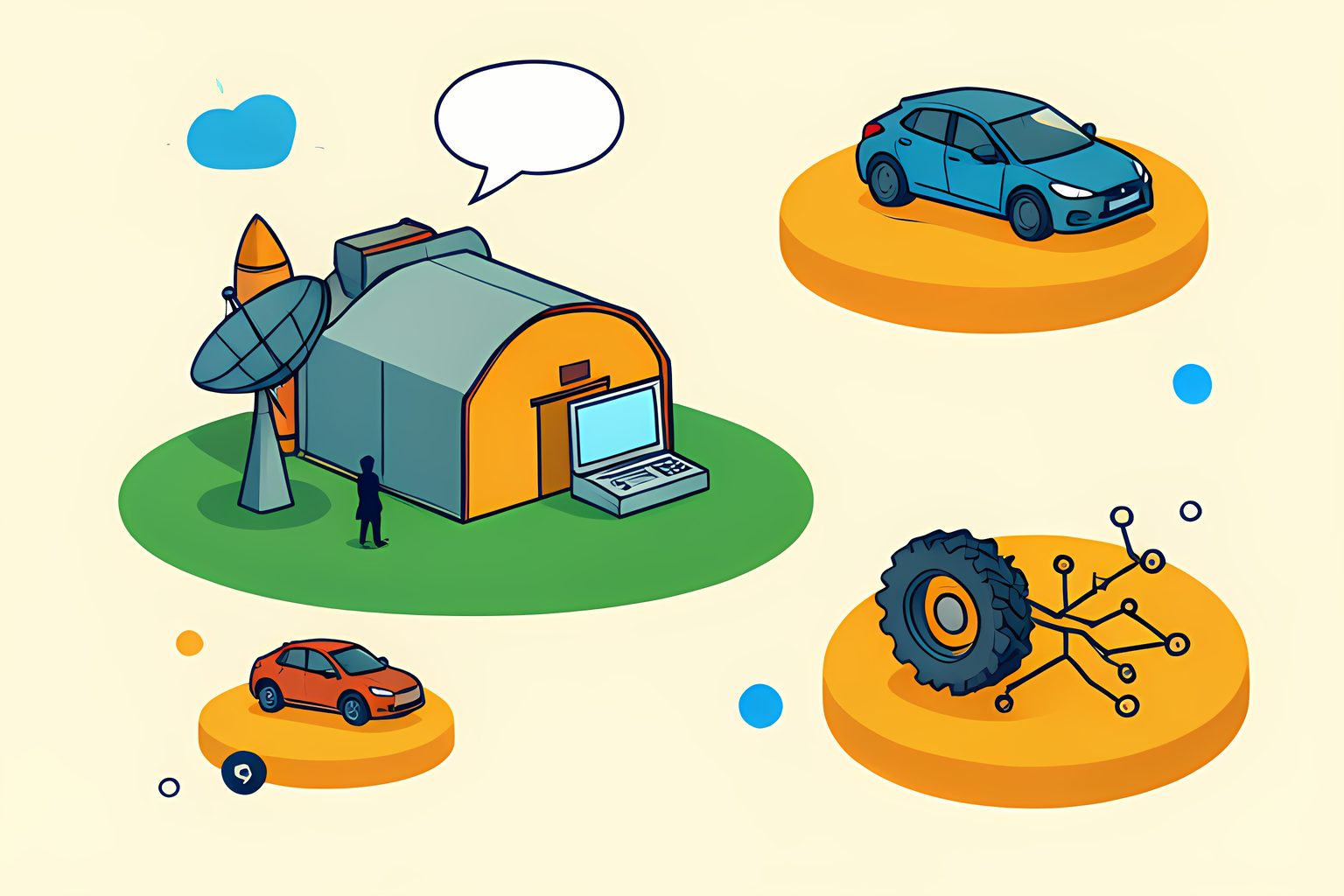 A label-free archipelago of technology workshops, with a tiny red roadster arcing above the islands.