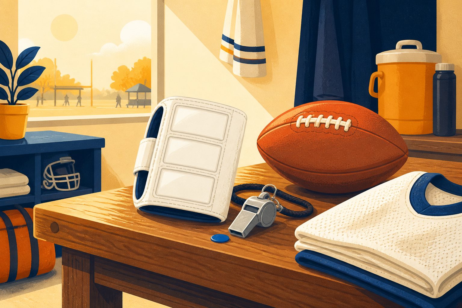 A quarterback wrist coach sleeve and a whistle rest on a wooden sideline bench in soft side light