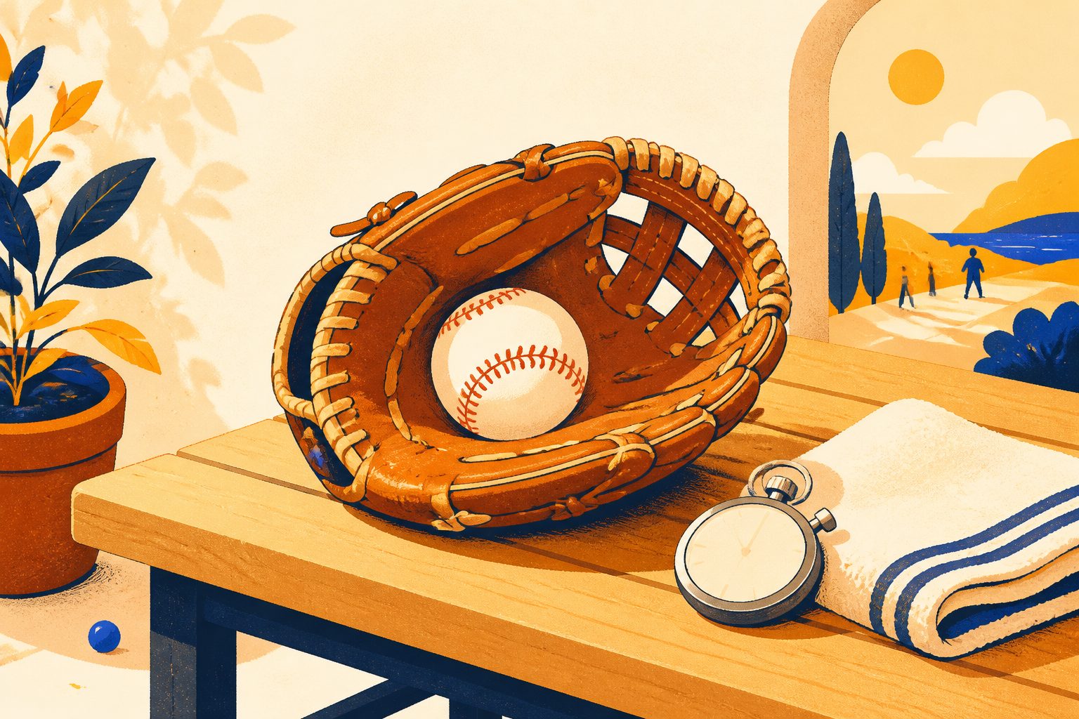 A stylized open leather catcher's mitt resting on a wooden bench with a baseball nestled inside the webbing beside a simple stopwatch silhouette in soft morning light