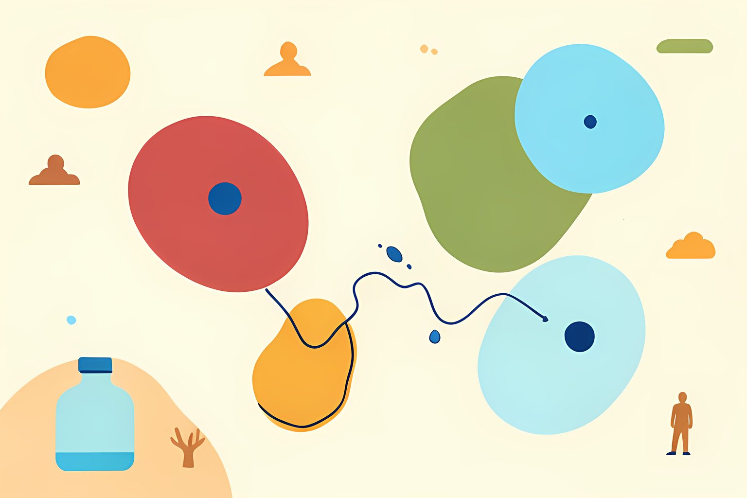 A bright, text-free illustrated map of four abstract seasonal color islands connected by a trail of berry, clay, olive and blue polish droplets, with one small blank nail polish bottle and a round blue dot.