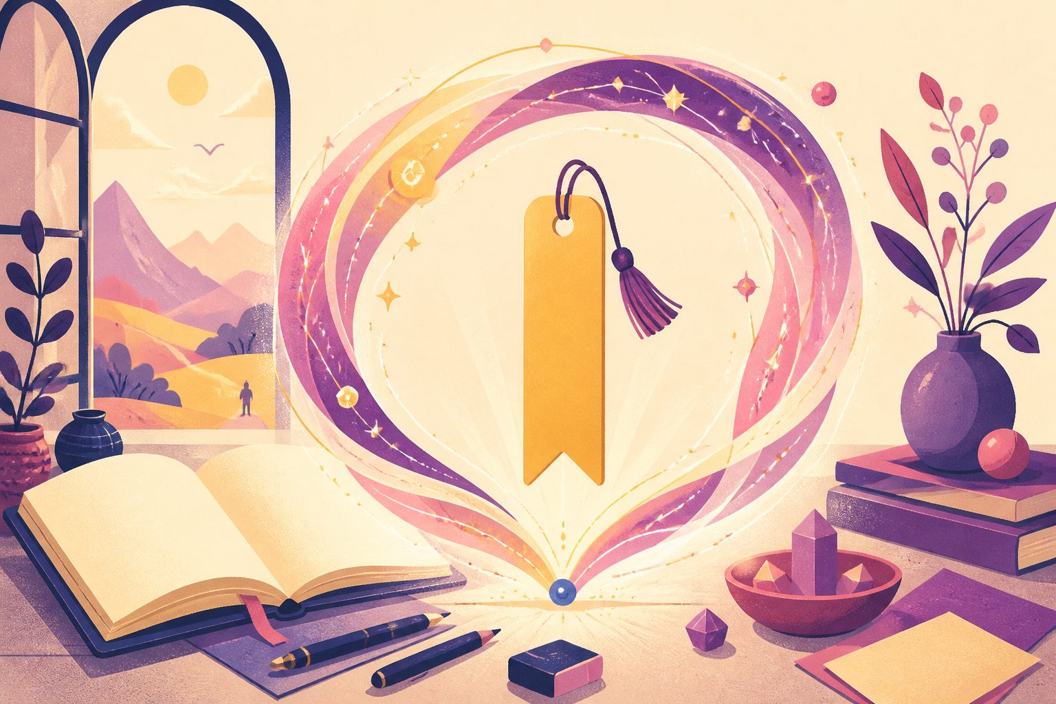 Stylized flat vector illustration of an open glowing manuscript forming an arched loop toward a golden bookmark.