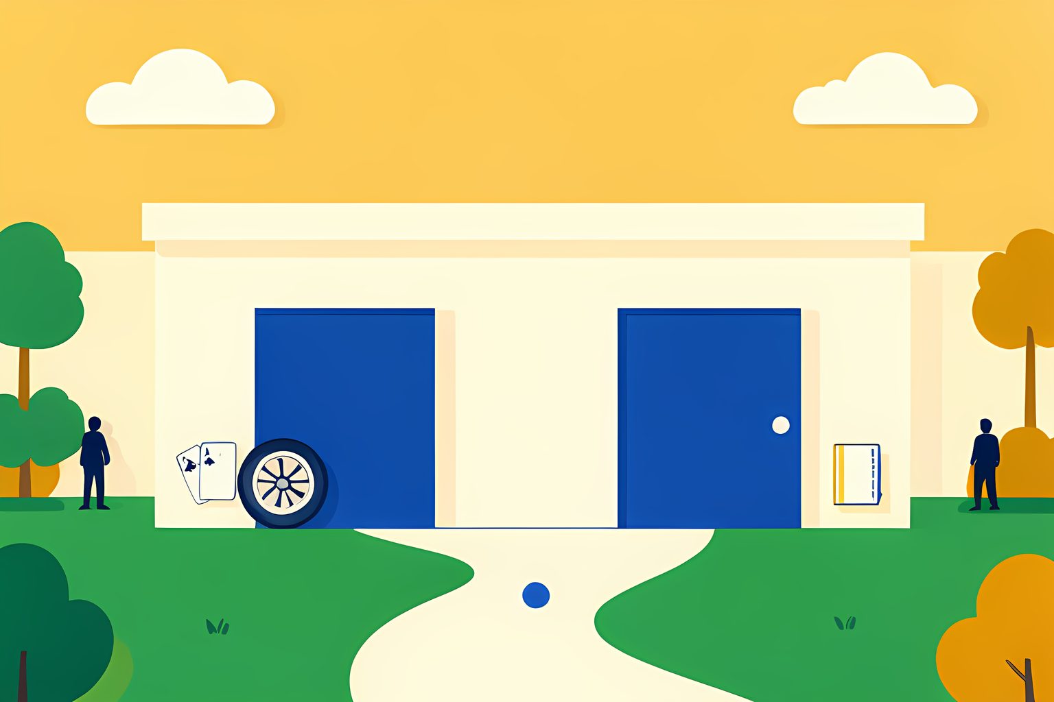 A bright, person-free cream arcade pavilion with two unmarked blue doorways, one framed by blank cards and a plain wheel and the other by a small blank ticket shape, joined by a warm gold path.