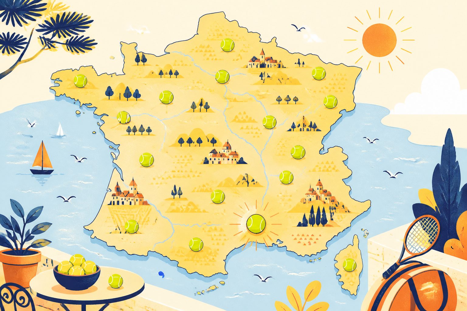 A warm stylized map of France with thirteen small tennis balls scattered across it and no labels.