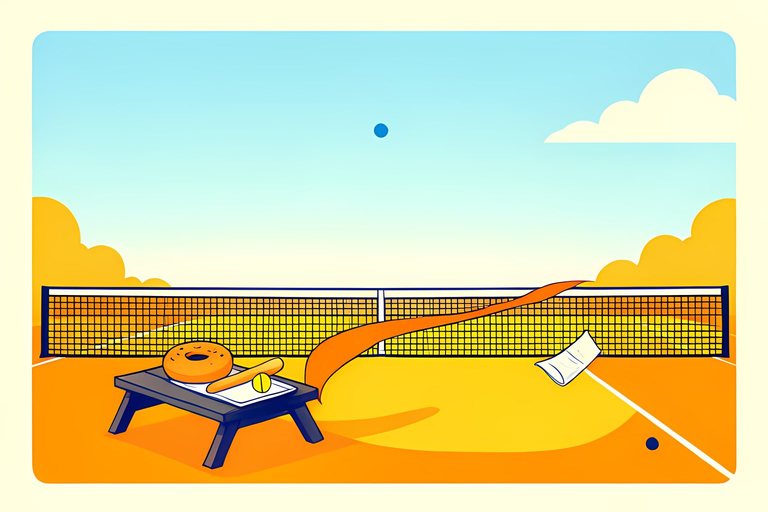 A bright text-free editorial scene of a blank tennis scoreboard-shaped tray holding a round bagel-like ring, a slender breadstick shape and a tennis ball, with a tiny blue dot.