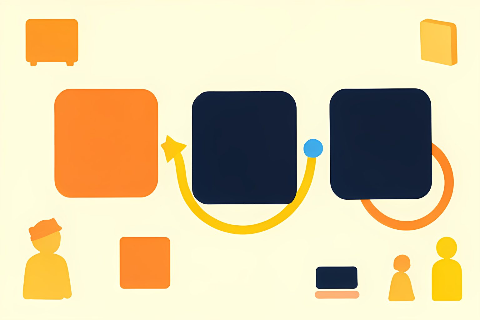 Three connected screen shapes pass a signal from one to the next in a warm, sunlit diagram.