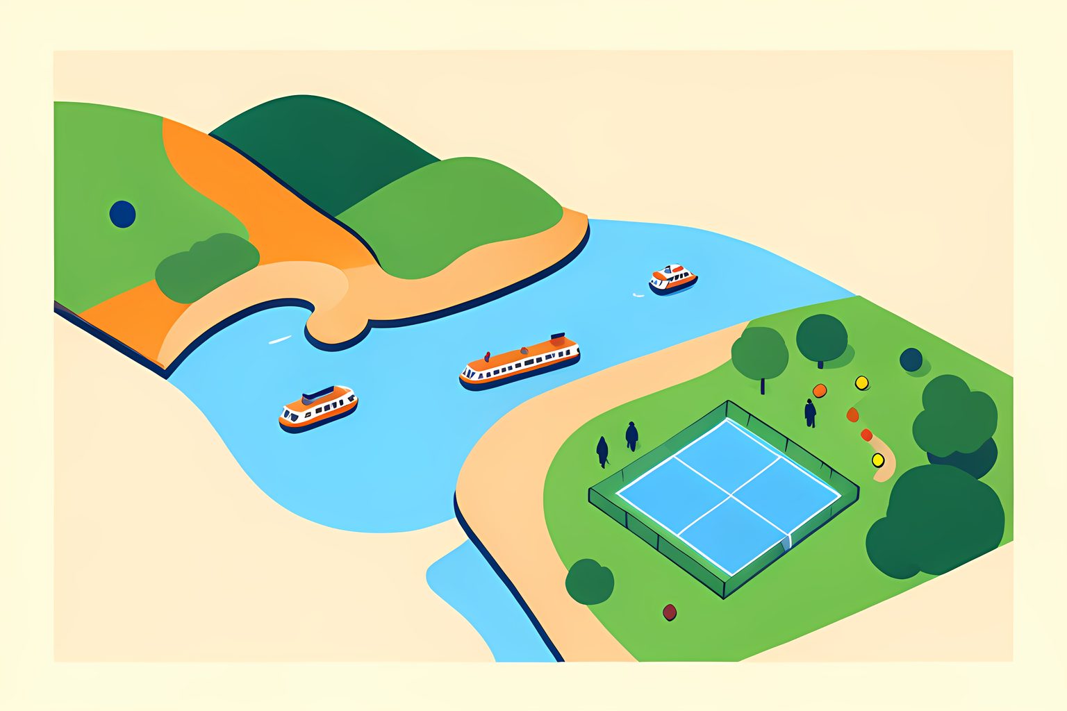 Illustration of a warm stylized map of Hong Kong's harbour and hills with a single small tennis court glowing in a green park, and a tiny grass court near the waterfront.